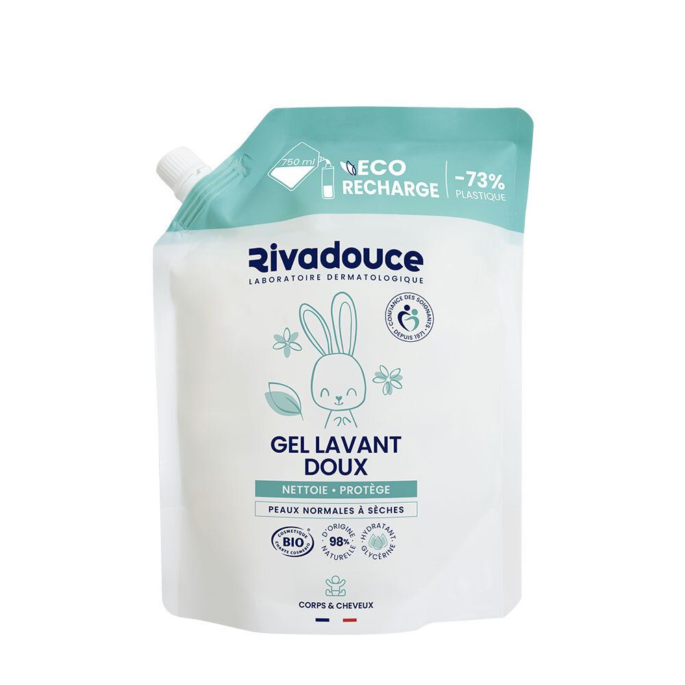 Navulverpakking. RIVADOUCE Gel Lavant Doux. Witte zak met turquoise dop. Afbeelding: konijn, bloemen, tekst. ECO RECHARGE -73% plastic.