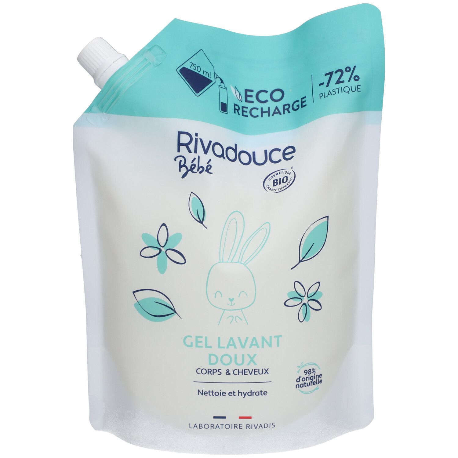 Navulverpakking RIVADOUCE Bébé Gel Lavant Doux. Turquoise en wit, konijn illustratie, productinfo. 750 ml.