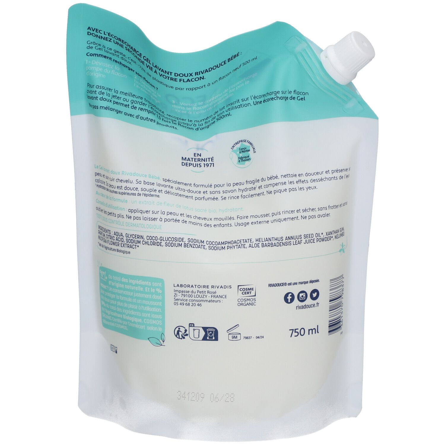 Achterkant van de navulverpakking RIVADOUCE Bébé Gel Lavant Doux. Tekst, ingrediënten, logo's en volume-aanduiding 750 ml.