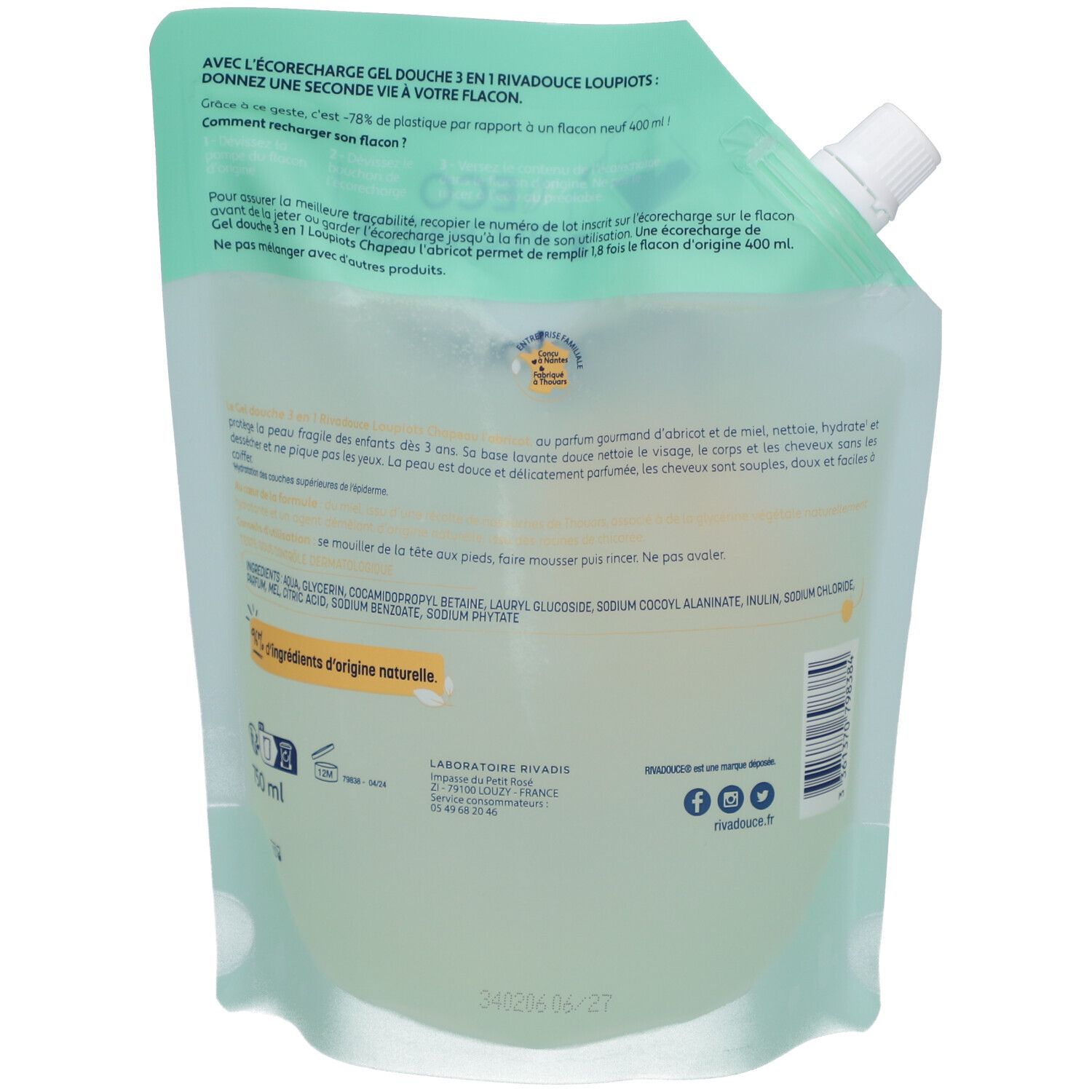 Achterkant navulverpakking douchegel. Tekst: Eco Recharge, ingrediënten, Laboratoire Rivadouce, 750 ml.