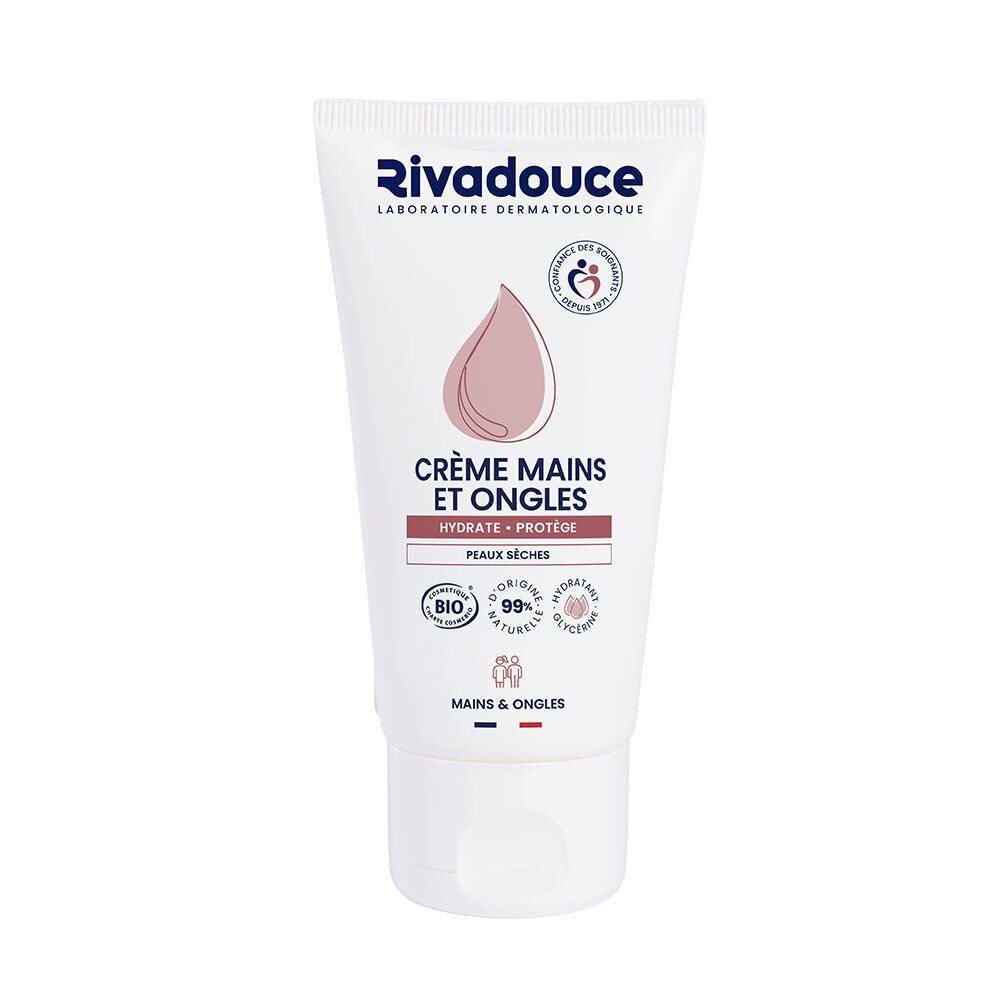 Tube de crème mains et ongles Rivadouche. Blanc, goutte rose. Inscription "Crème Mains et Ongles".