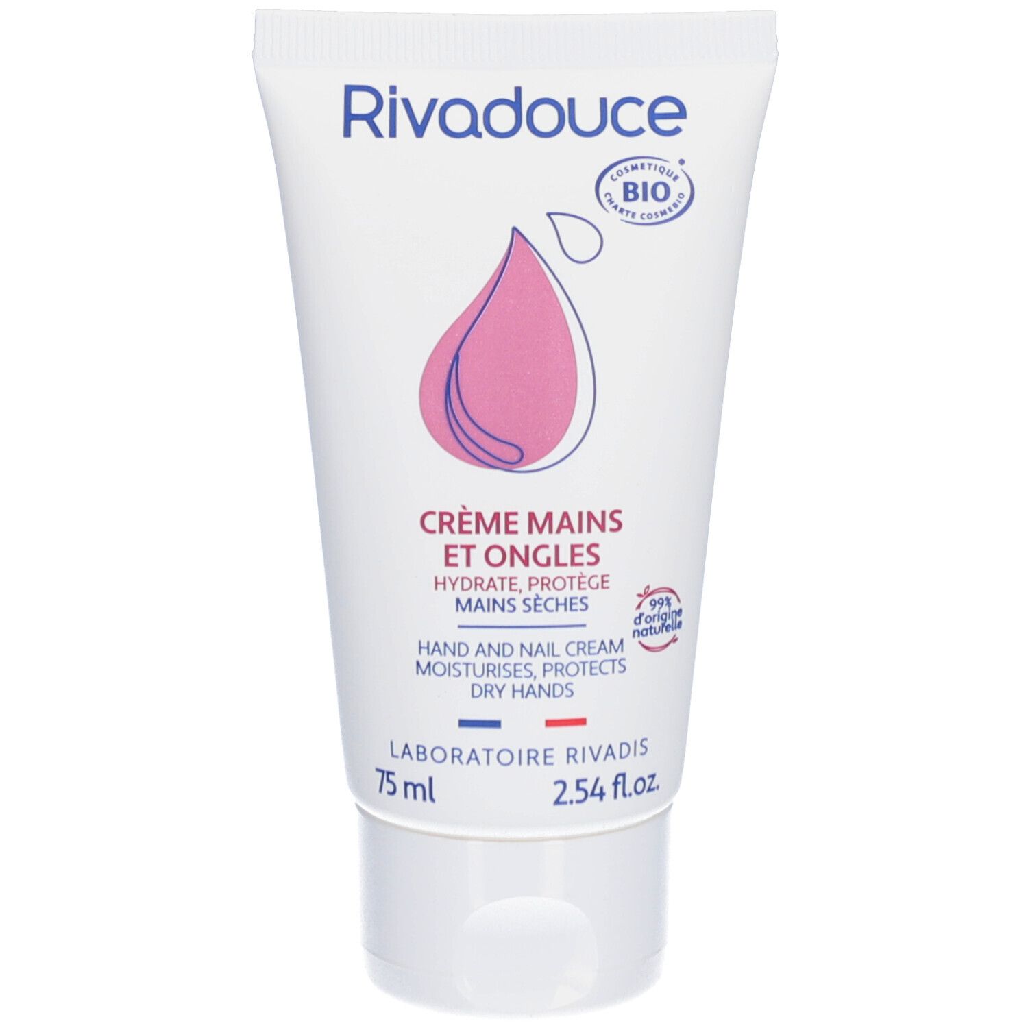 Witte crème tube met logo en naam. Roze druppel ontwerp. Tekst: Crème Mains et Ongles, Hydrate, Protège. Bio certificering.
