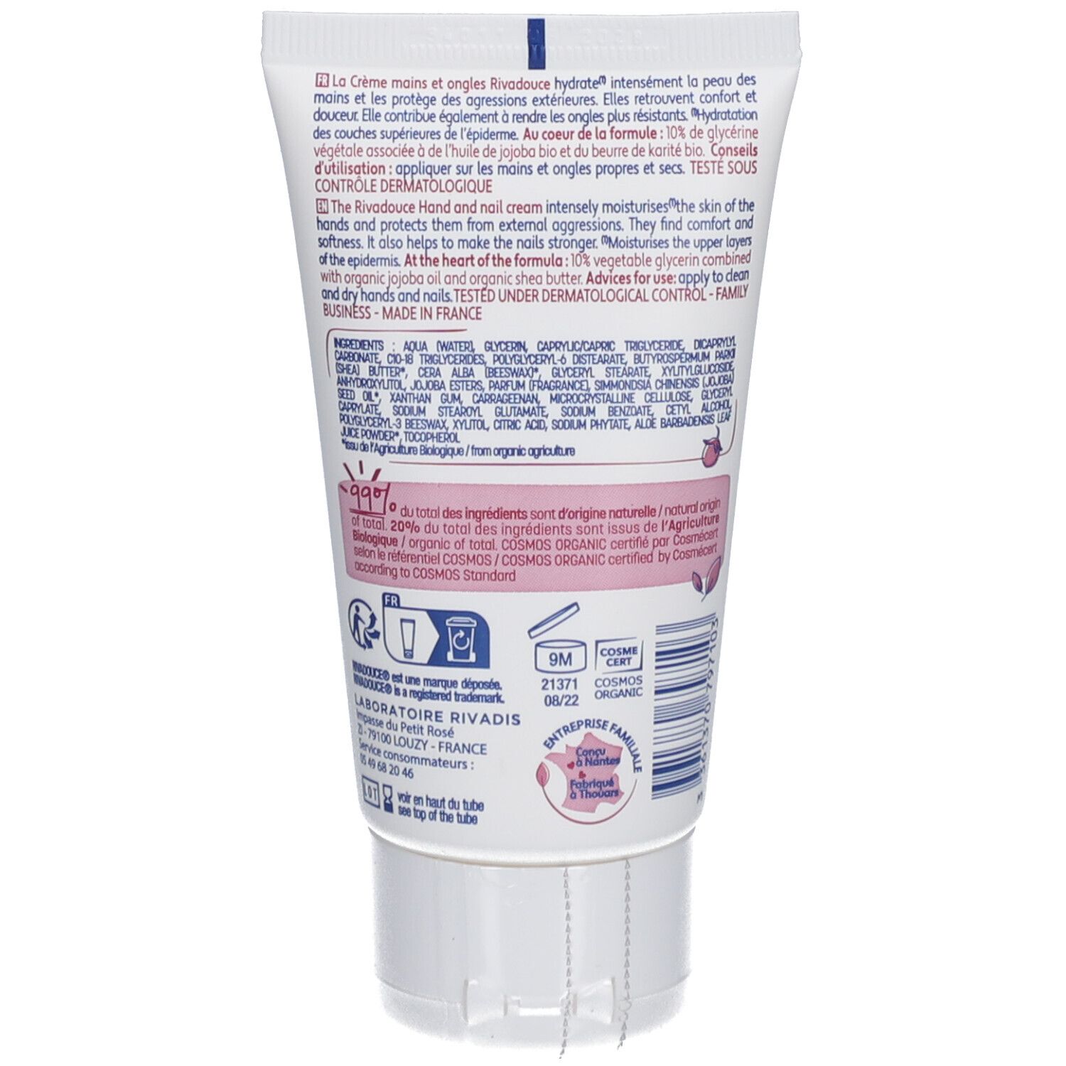 Achterkant van de crème tube. Tekstinformatie, ingrediënten, gebruiksaanwijzing. Bio certificering. Logo en barcode.