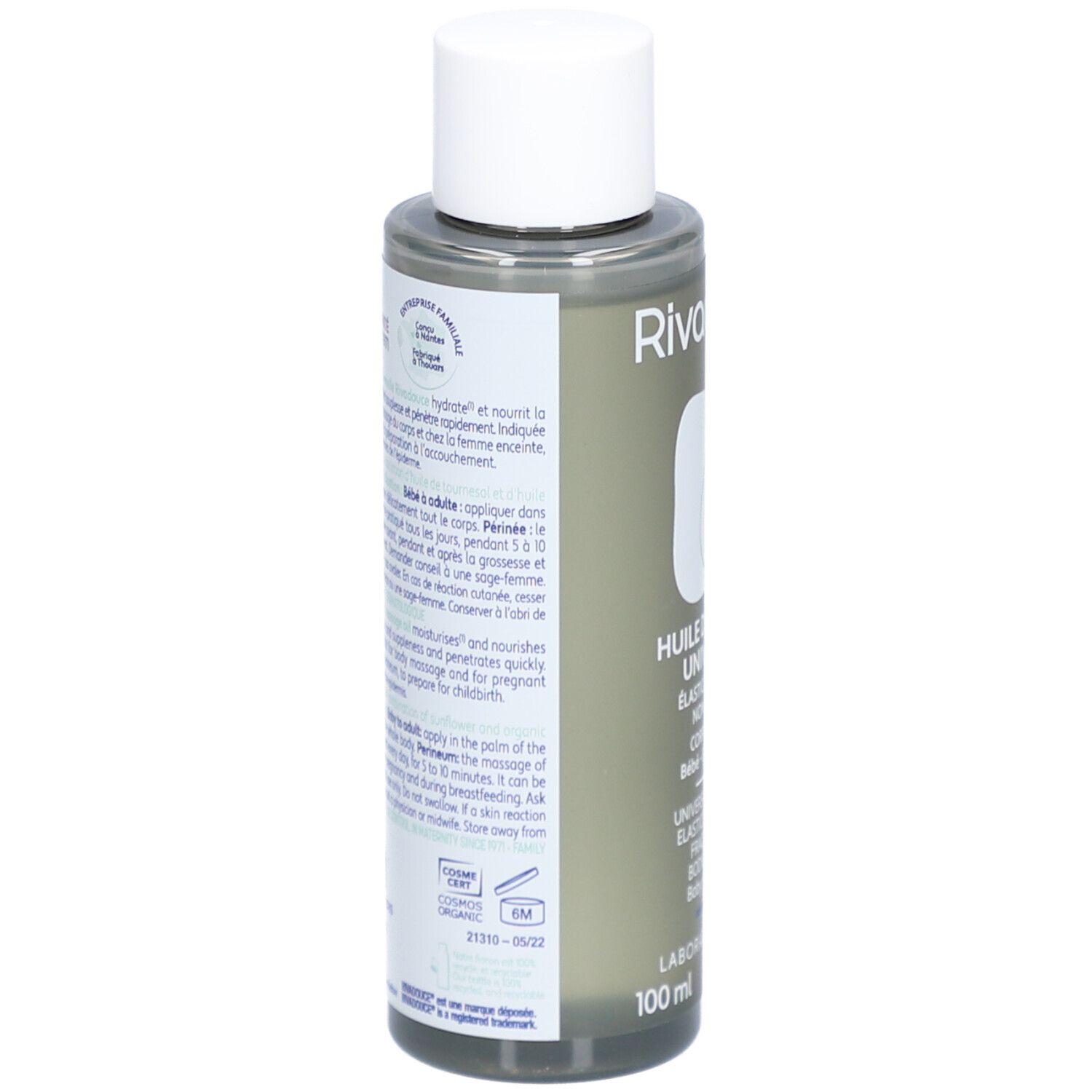 Dos du flacon d'huile de massage Rivadouce. Bouchon blanc. Étiquette avec texte. Informations.