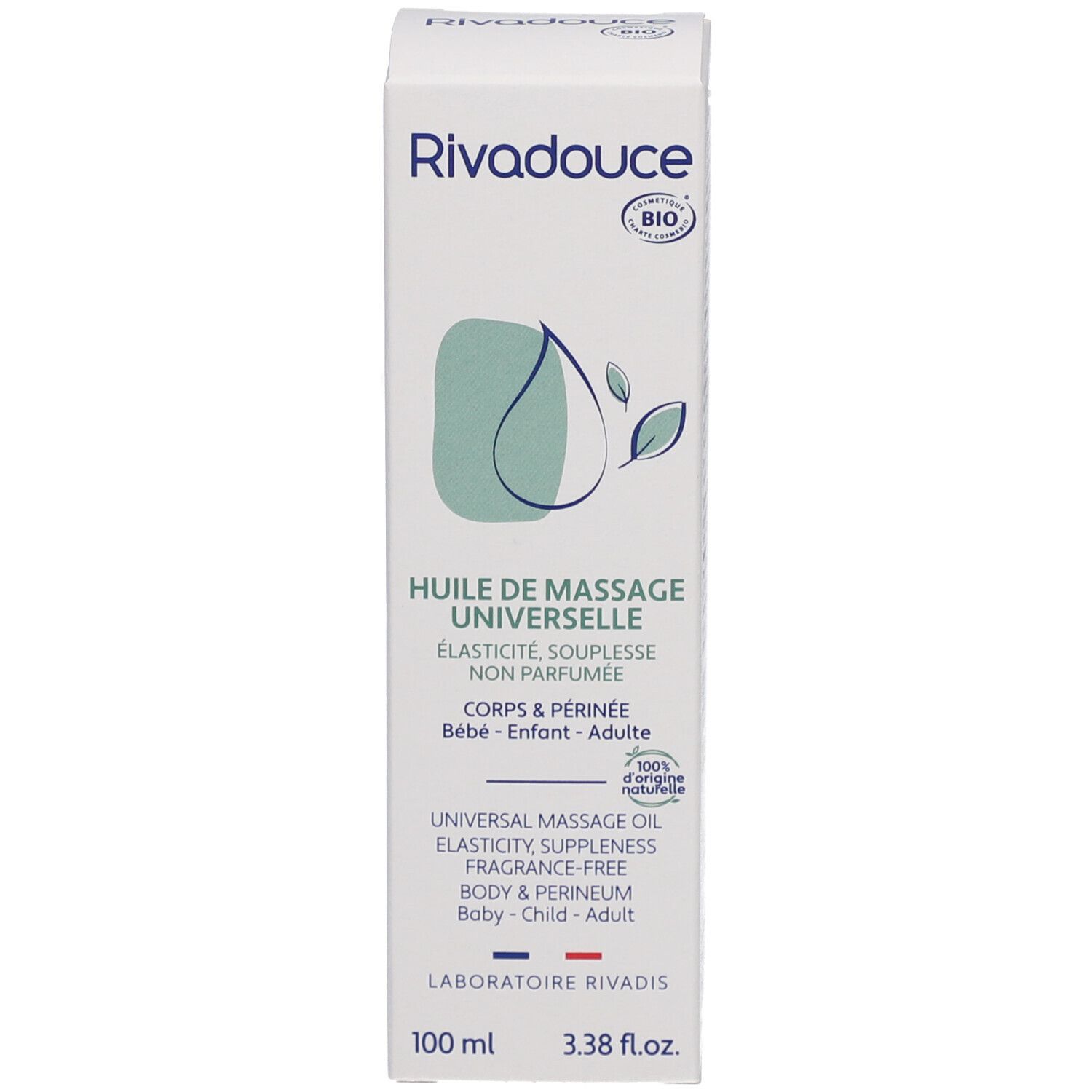 Emballage d'huile de massage Rivadouce. Boîte blanche avec texte et logo. Texte: Huile de massage universelle, label Bio.
