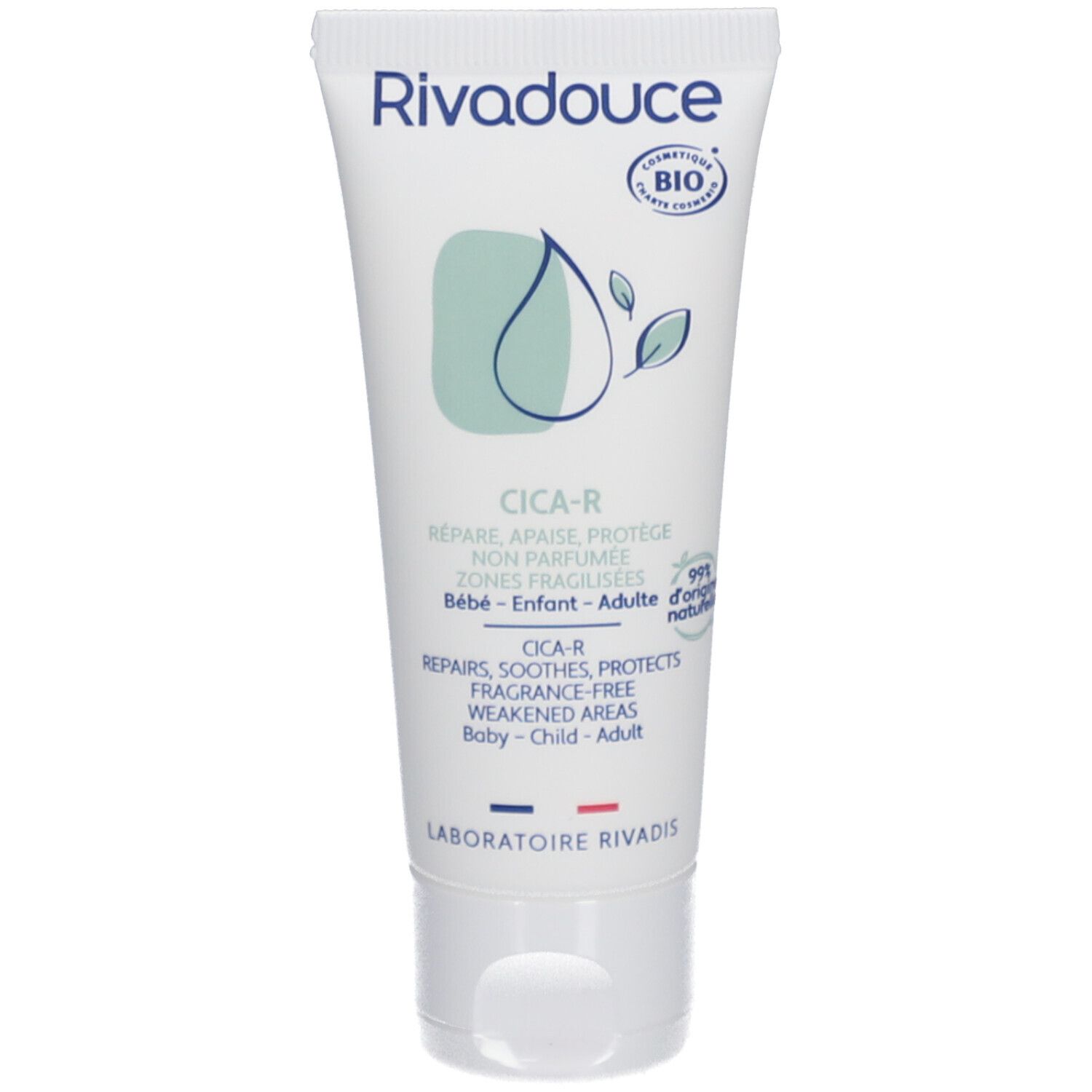 Witte tube Rivadouce Cica-R. Herstelt, verzacht, beschermt. Kwetsbare zones. Baby-Kind-Volwassene. Zonder parfum. Bio-certificering.