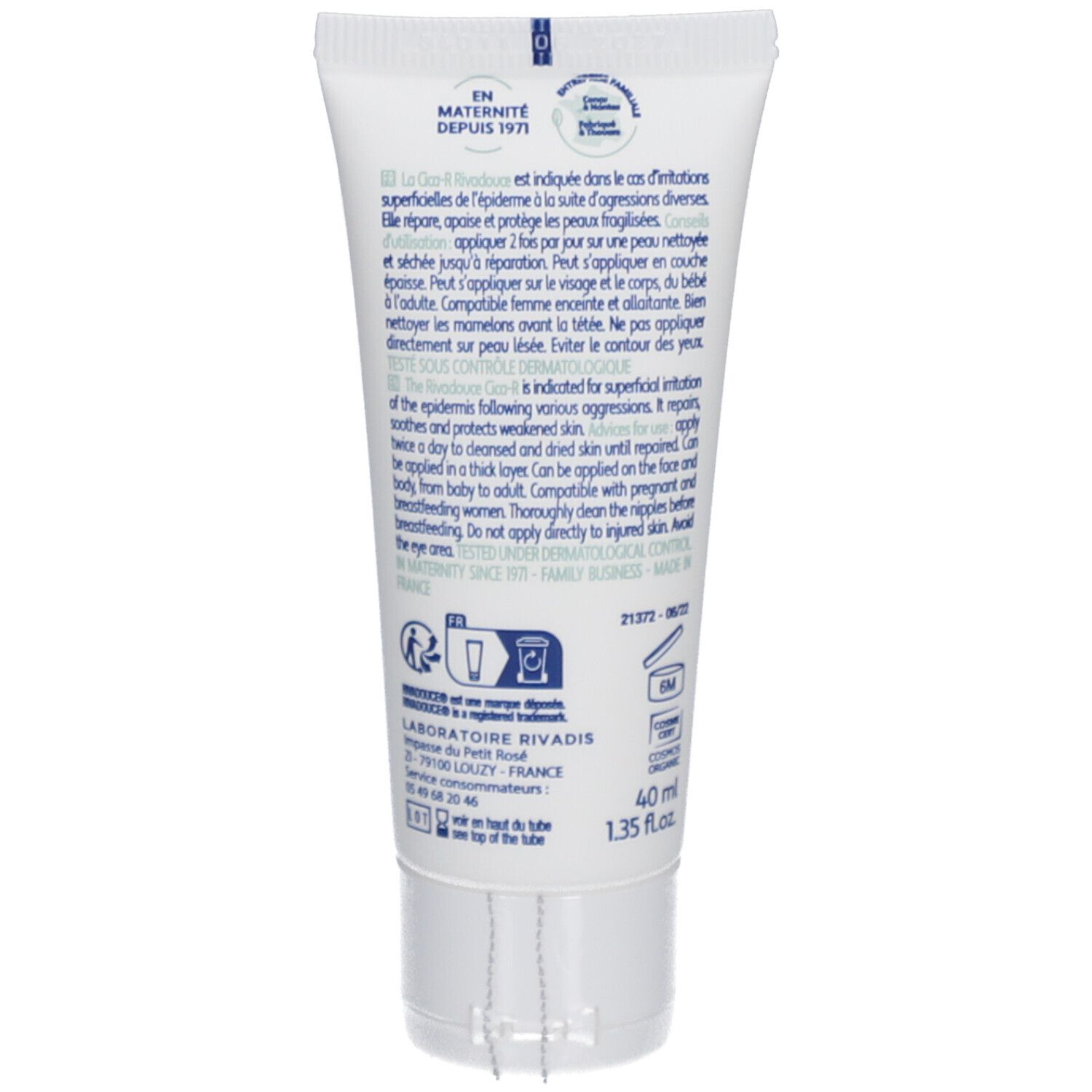 Achterkant van de tube. Franse tekst. Informatie over gebruik en ingrediënten. 40 ml. Dermatologisch getest.