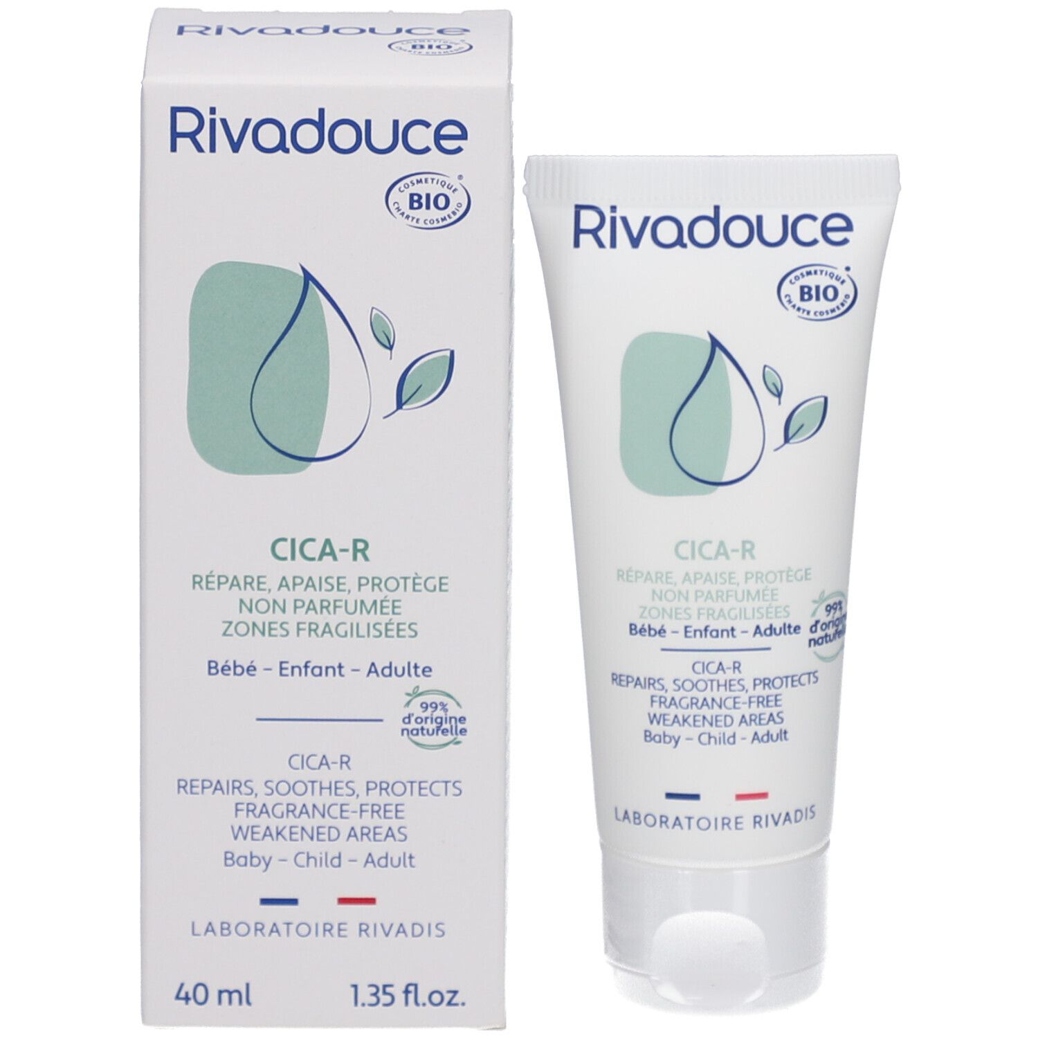 Productverpakking: tube en doos. Rivadouce Cica-R. Herstelt, verzacht, beschermt. Baby-Kind-Volwassene. Bio-certificering.