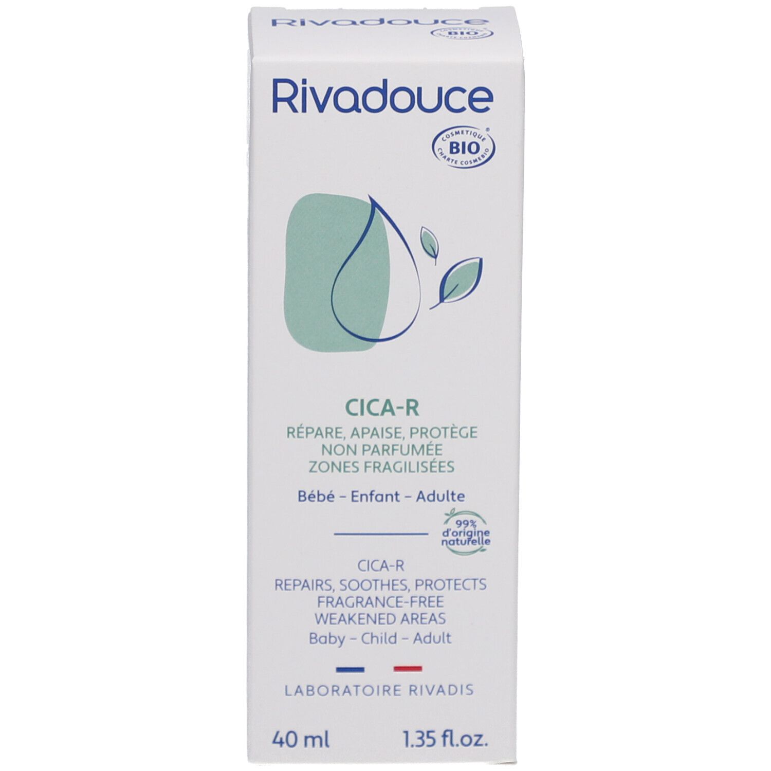 Witte doos Rivadouce Cica-R. Herstelt, verzacht, beschermt. Baby-Kind-Volwassene. Bio-certificering.