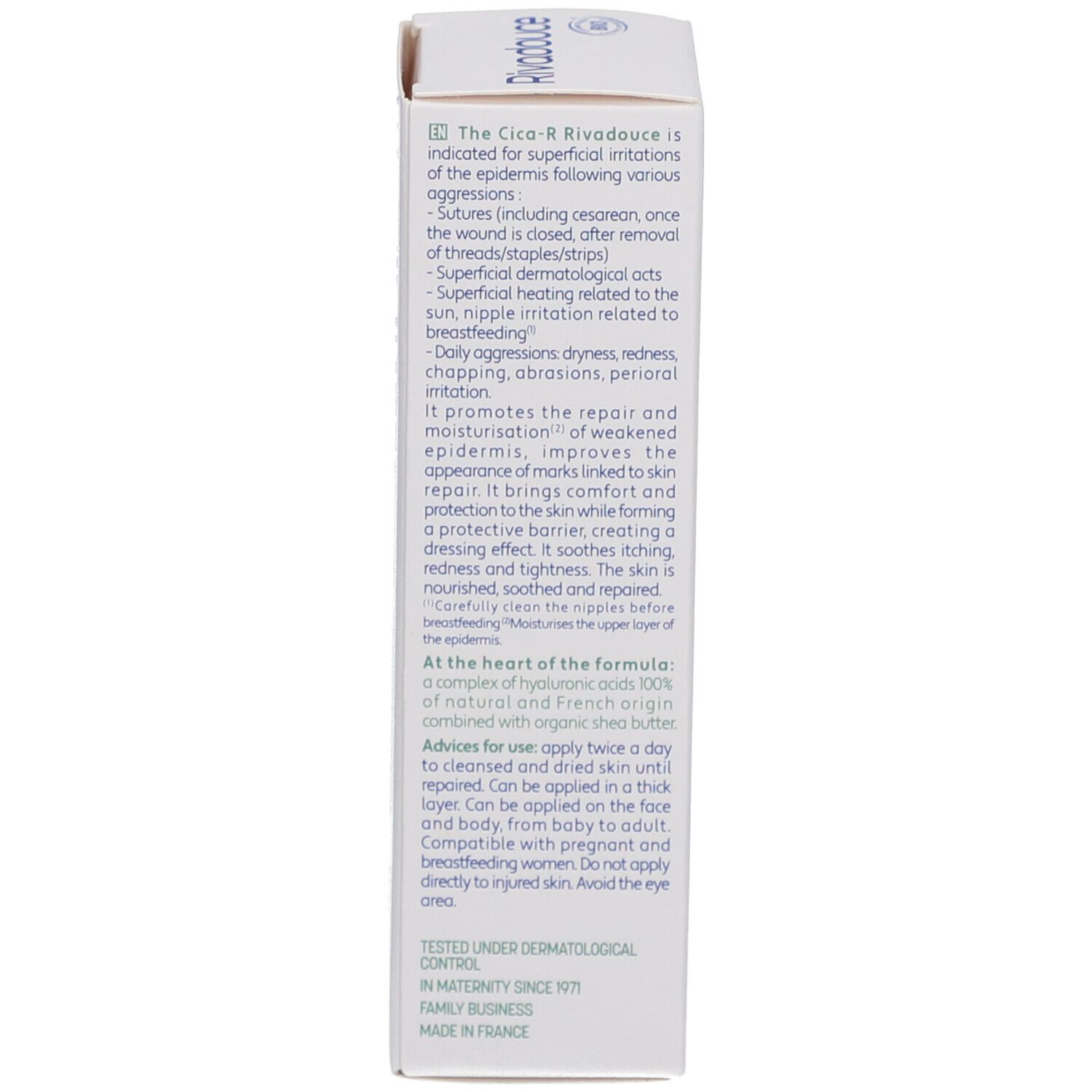 Zijkant van de doos. Engelse tekst. Informatie over gebruik en indicaties. Dermatologisch getest. Ingrediënten.