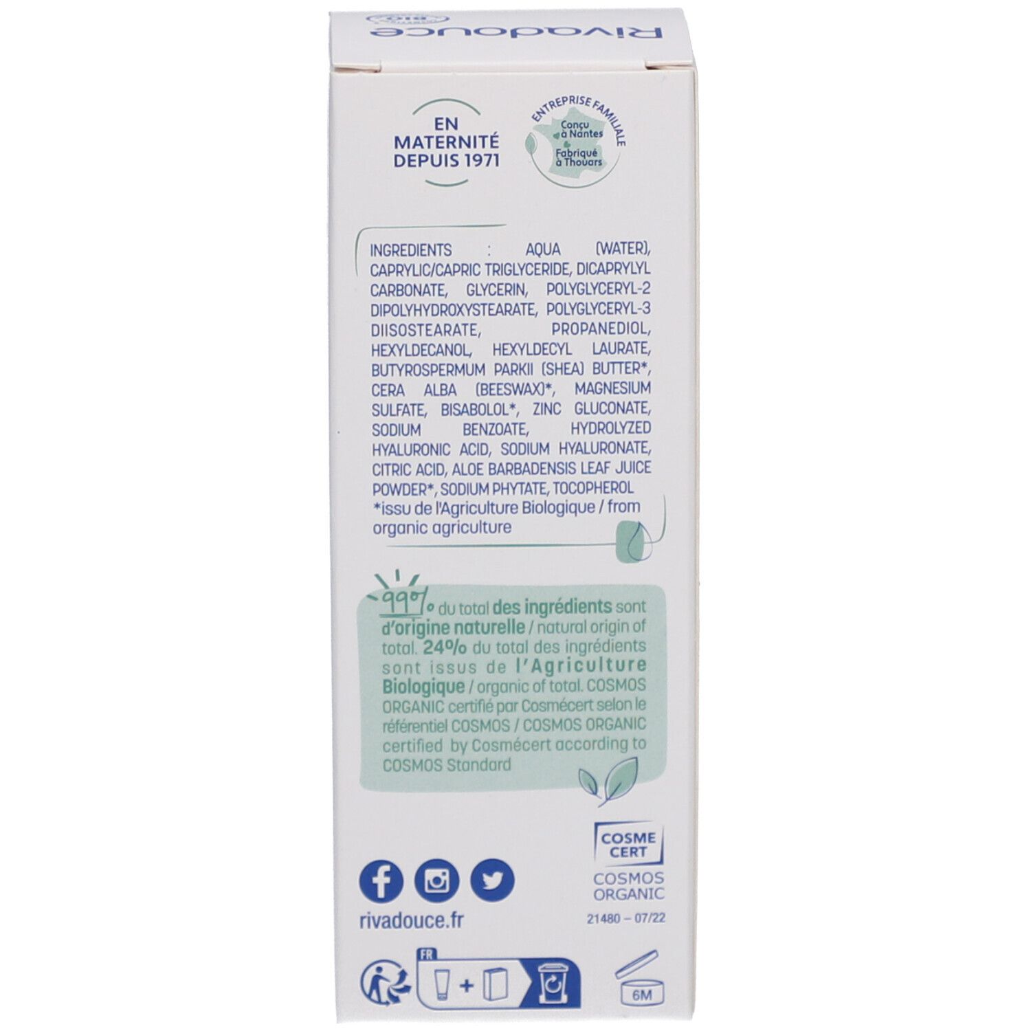 Zijkant van de doos. Ingrediënten en certificeringen. COSMOS ORGANIC gecertificeerd. Gemaakt in Frankrijk. Contactgegevens.