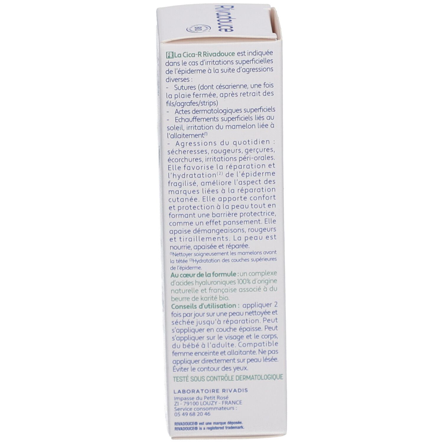 Zijkant van de doos. Franse tekst. Informatie over gebruik en indicaties. Dermatologisch getest. Ingrediënten.