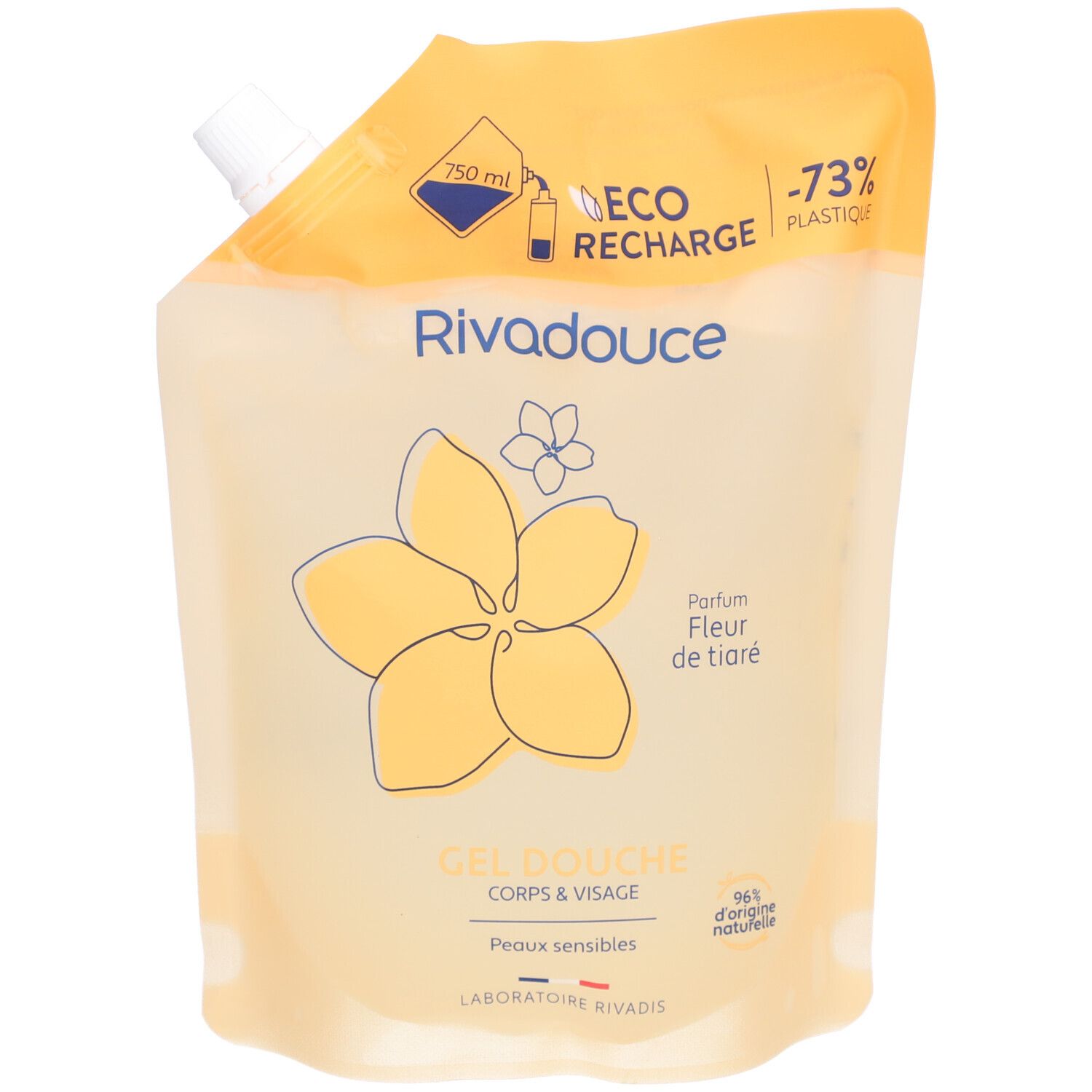 Navulverpakking douchegel. Gele verpakking met productnaam en bloemenillustratie. 750 ml.