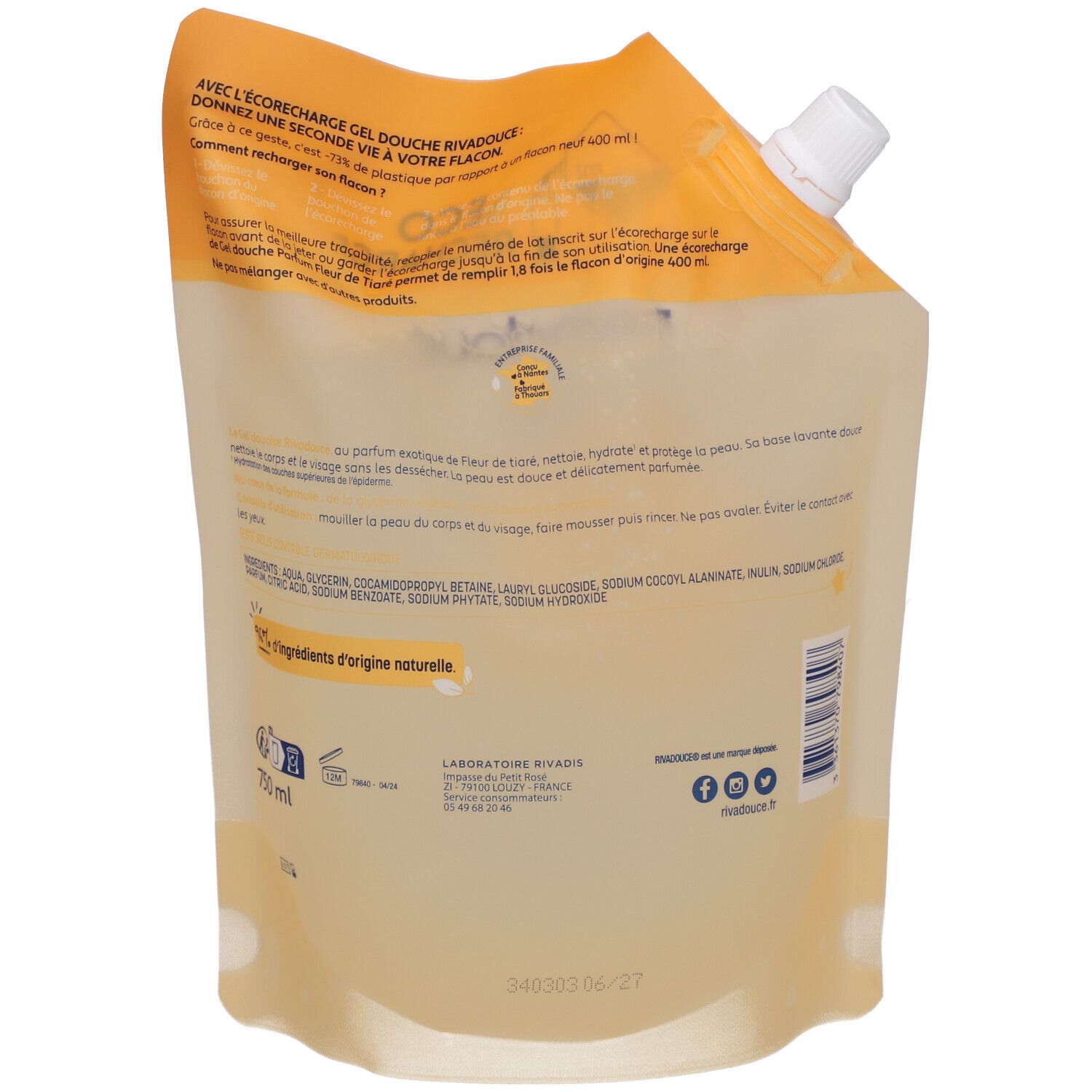 Achterkant van de navulverpakking douchegel. Gele verpakking met tekst en ingrediënten. 750 ml.