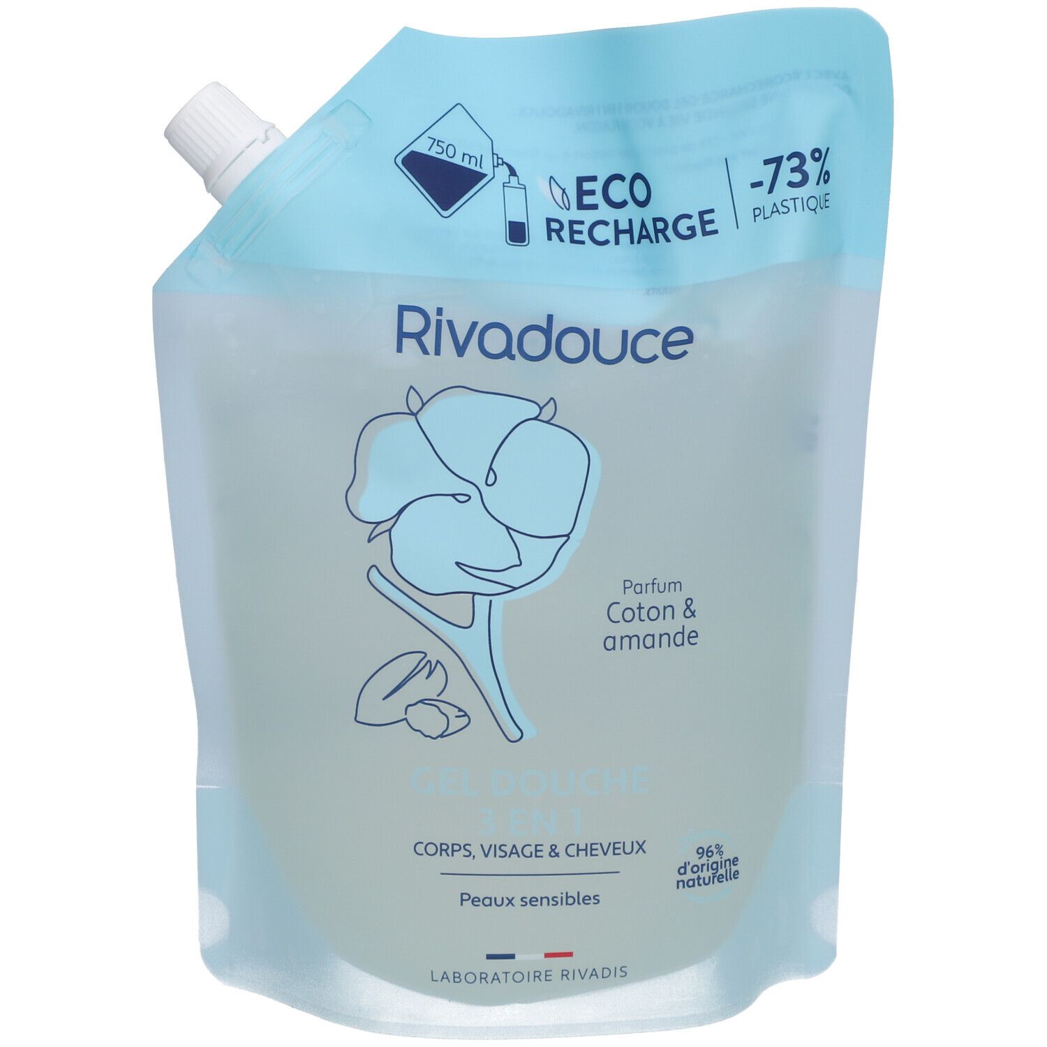 Recharge Rivadouce Gel Douche. Sachet bleu clair, bouchon blanc. Motif fleur de coton, amandes, 750 ml. Inscription: Coton & amande.