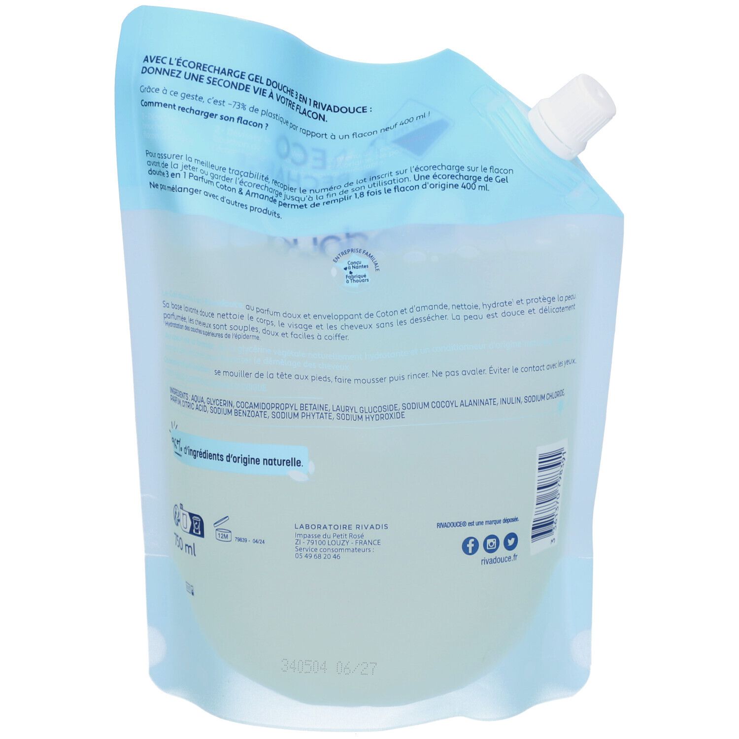 Dos du sachet de recharge Rivadouce Gel Douche. Texte, ingrédients, QR code, logos. Bouchon blanc. 750 ml.