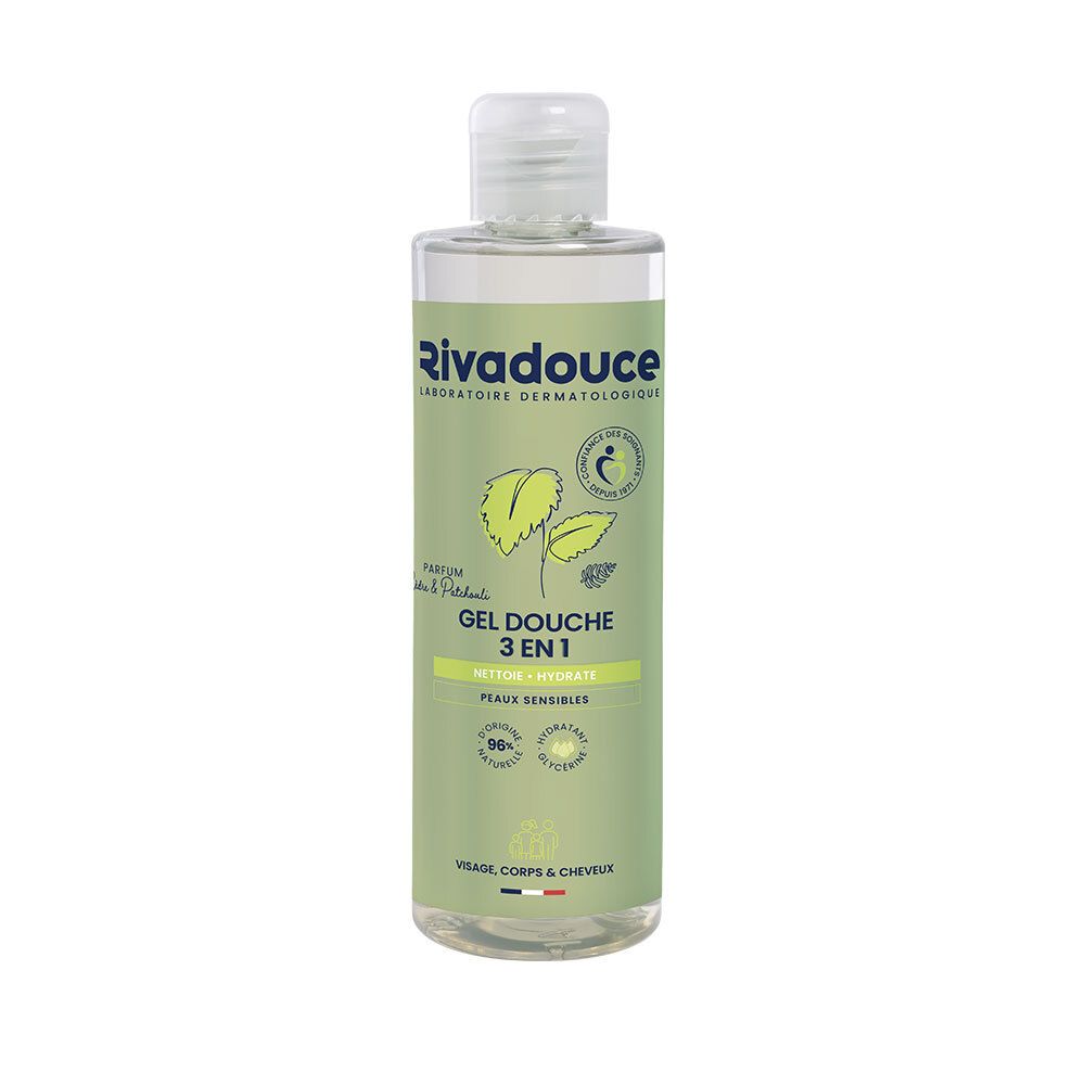 Gel douche en flacon transparent avec bouchon rabattable. Étiquette verte et blanche avec informations produit.