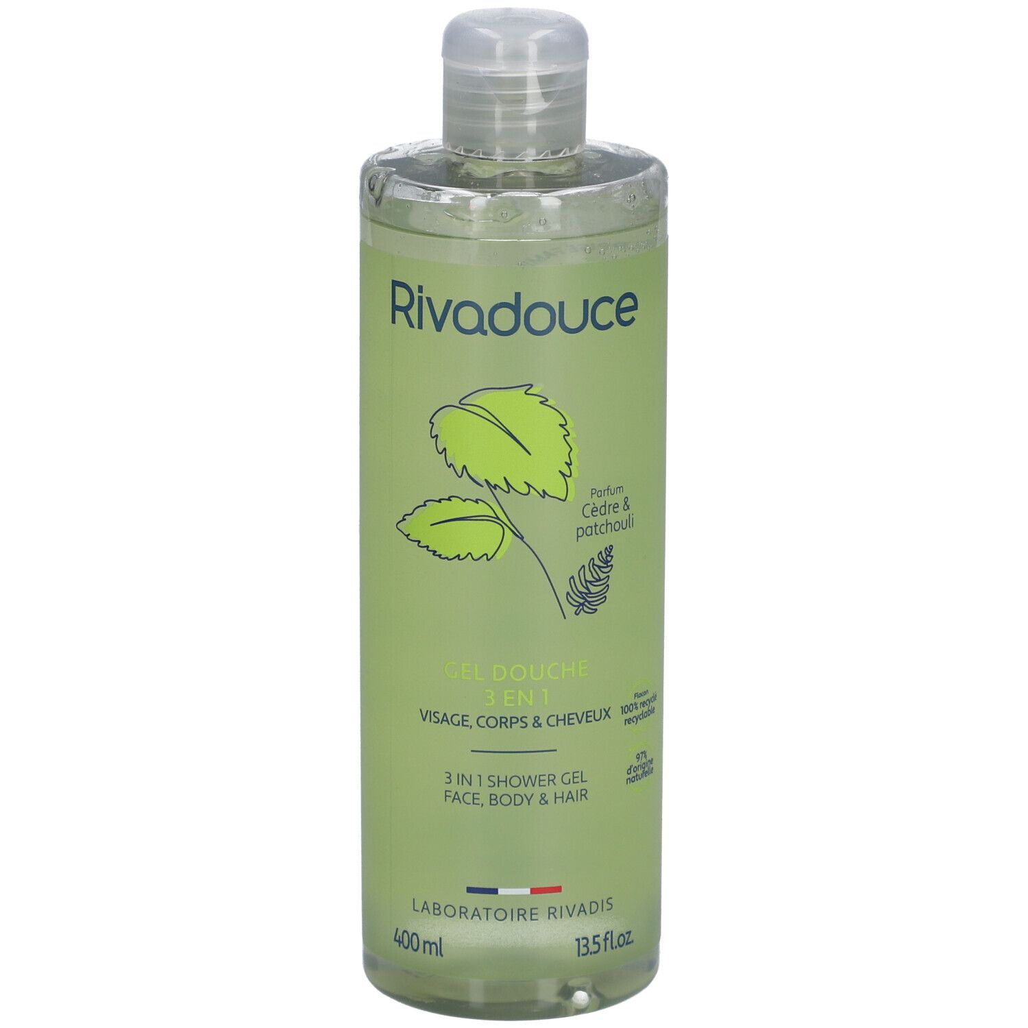 Groene fles met "Rivadouce" logo, "Gel Douche 3en1" en informatie. Heldere vloeistof zichtbaar.