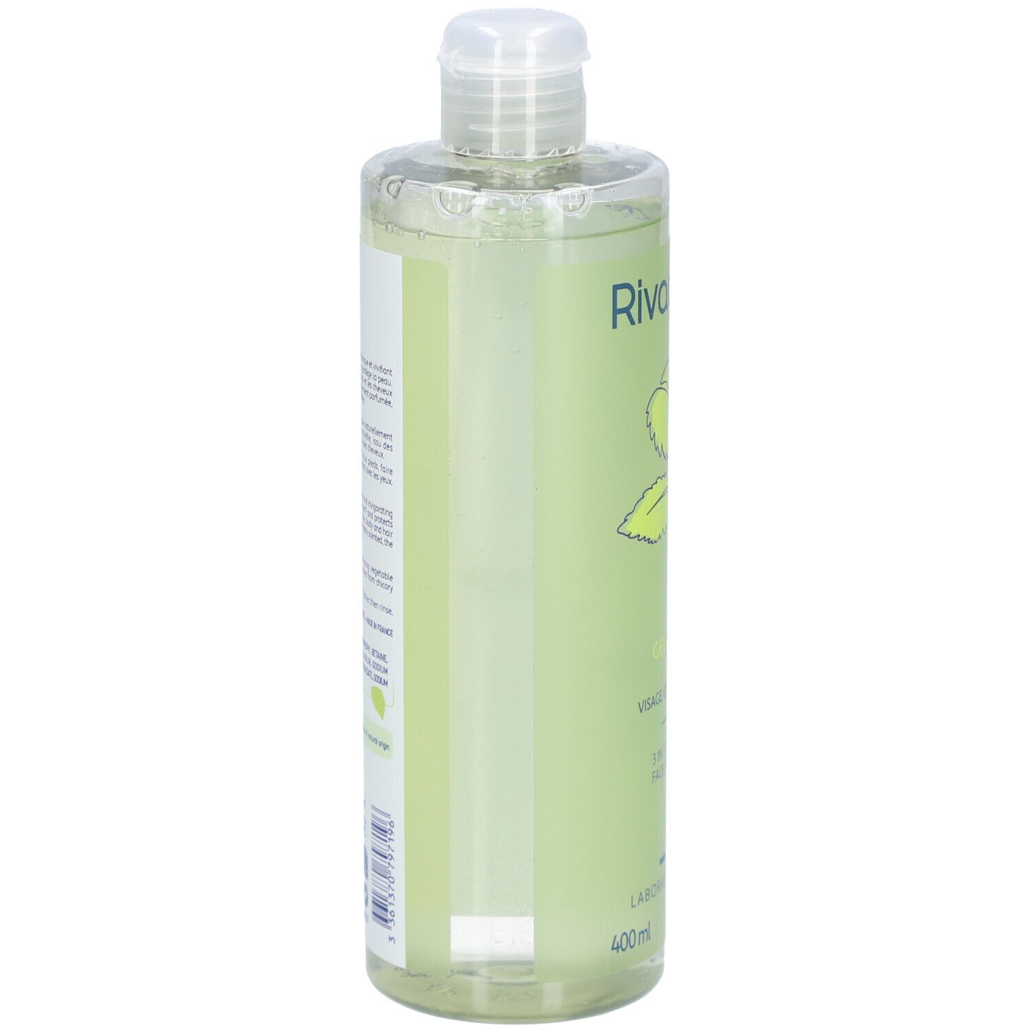 Groene fles met etiket. Tekstinformatie op witte achtergrond. Heldere vloeistof zichtbaar.