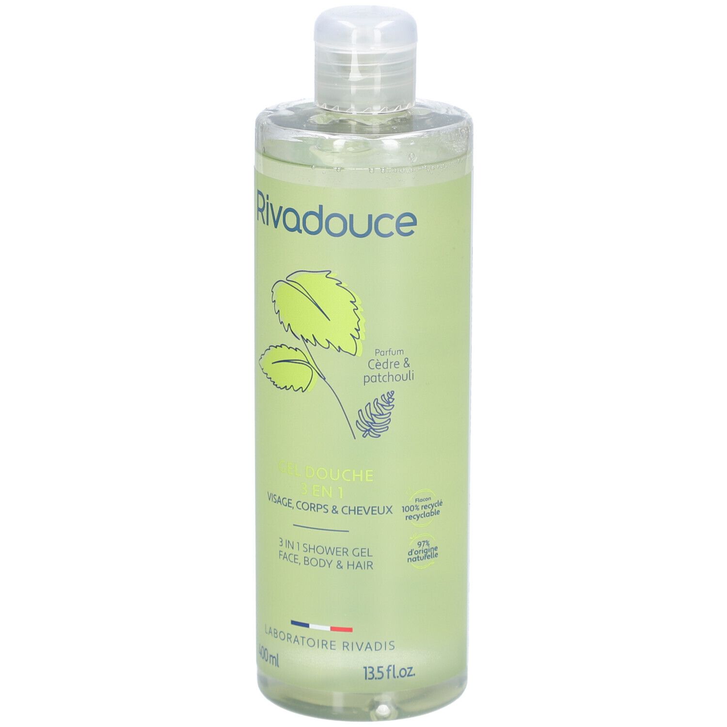 Groene fles met "Rivadouce" logo, "Gel Douche 3en1" en informatie. Heldere vloeistof zichtbaar.