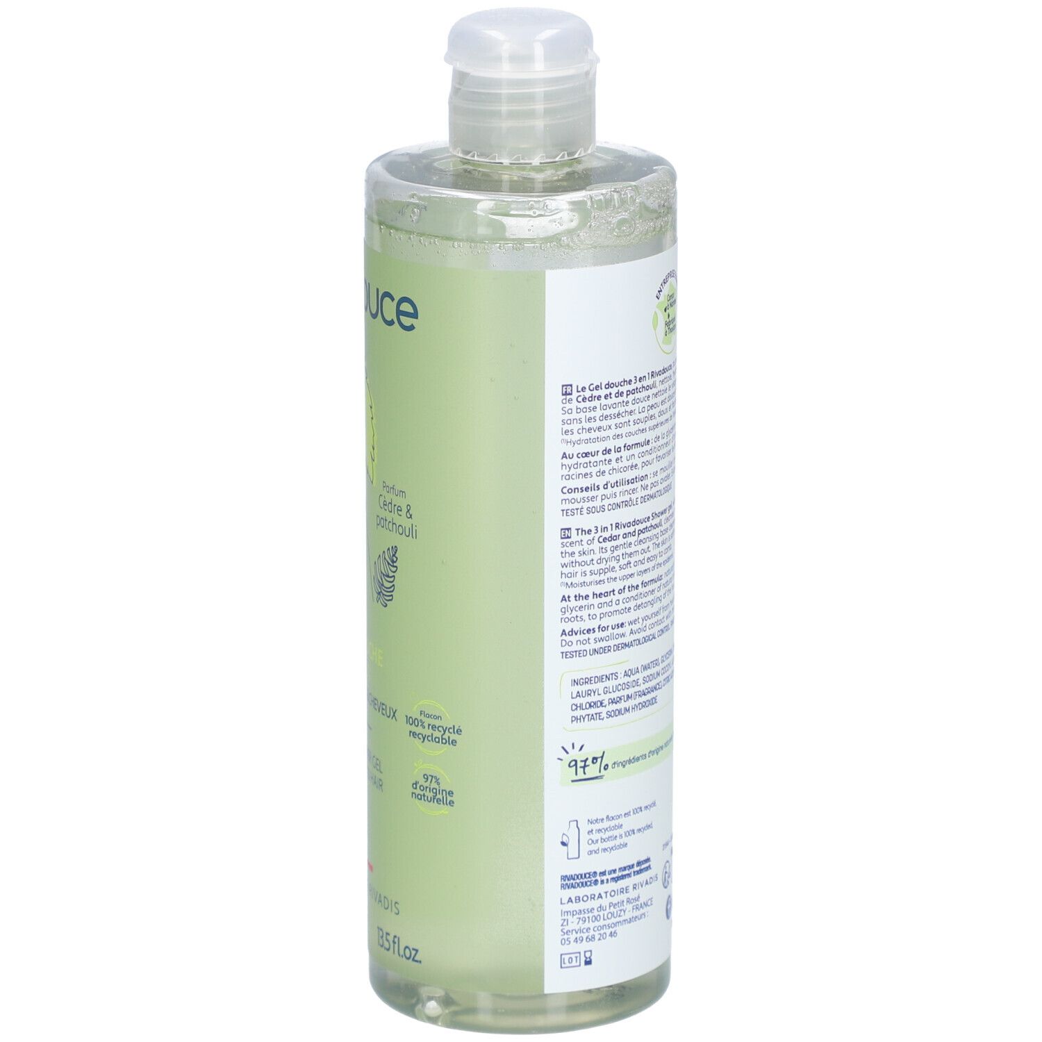 Achterkant van de groene fles met tekst. Ingrediënten en instructies. Heldere vloeistof zichtbaar.
