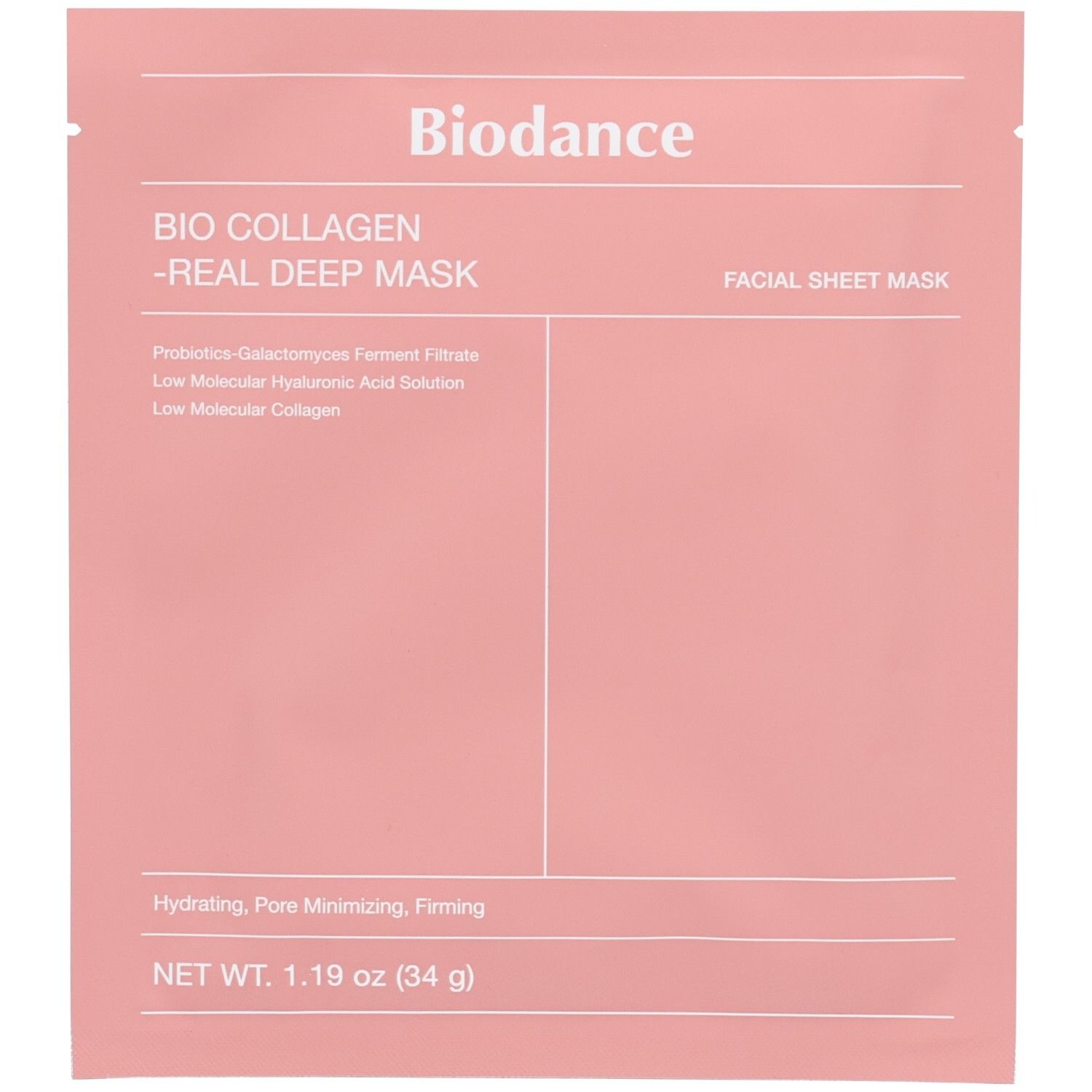 Emballage individuel rose. "Biodance" en haut. Texte: "BIO COLLAGEN -REAL DEEP MASK". "FACIAL SHEET MASK". En bas: "NET WT. 1.19 oz (34 g)".