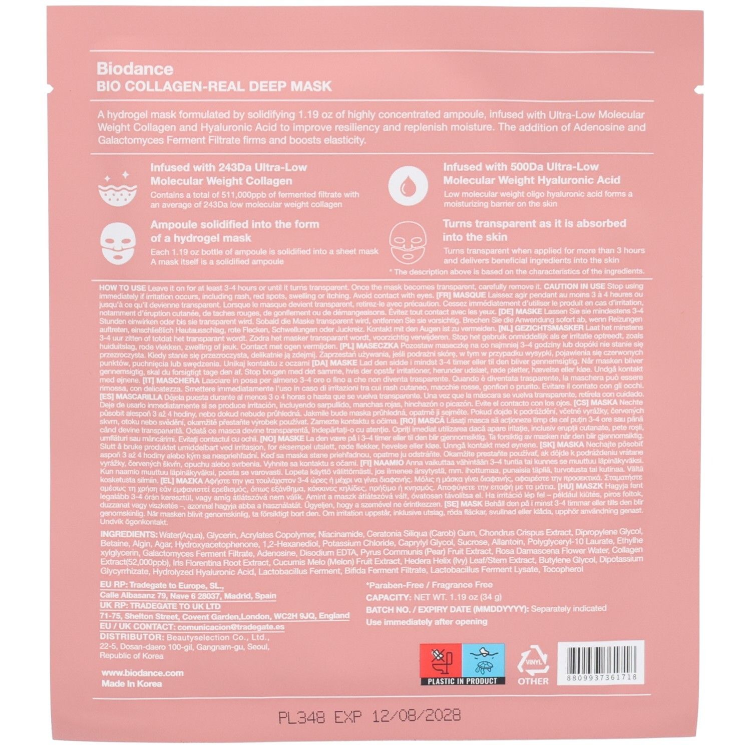 Dos de l'emballage individuel rose. Texte: "Biodance BIO COLLAGEN-REAL DEEP MASK". Contient du texte et des symboles. En bas: "PLASTIC OR PRODUCT".