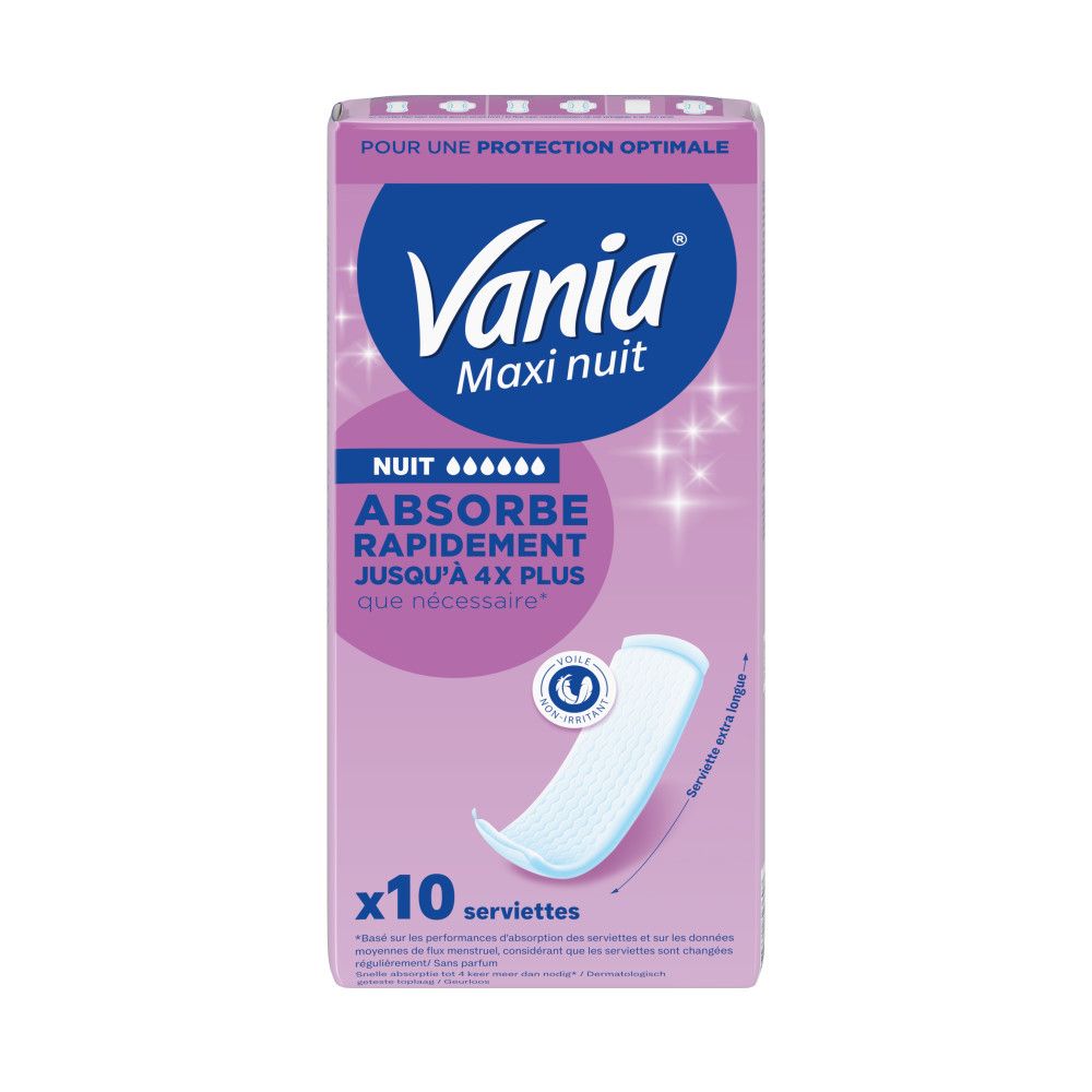 Verpakking van maandverband. Opschrift: Vania Maxi nuit, Nuit, Absorbeert snel tot 4x meer. 10 servetten.