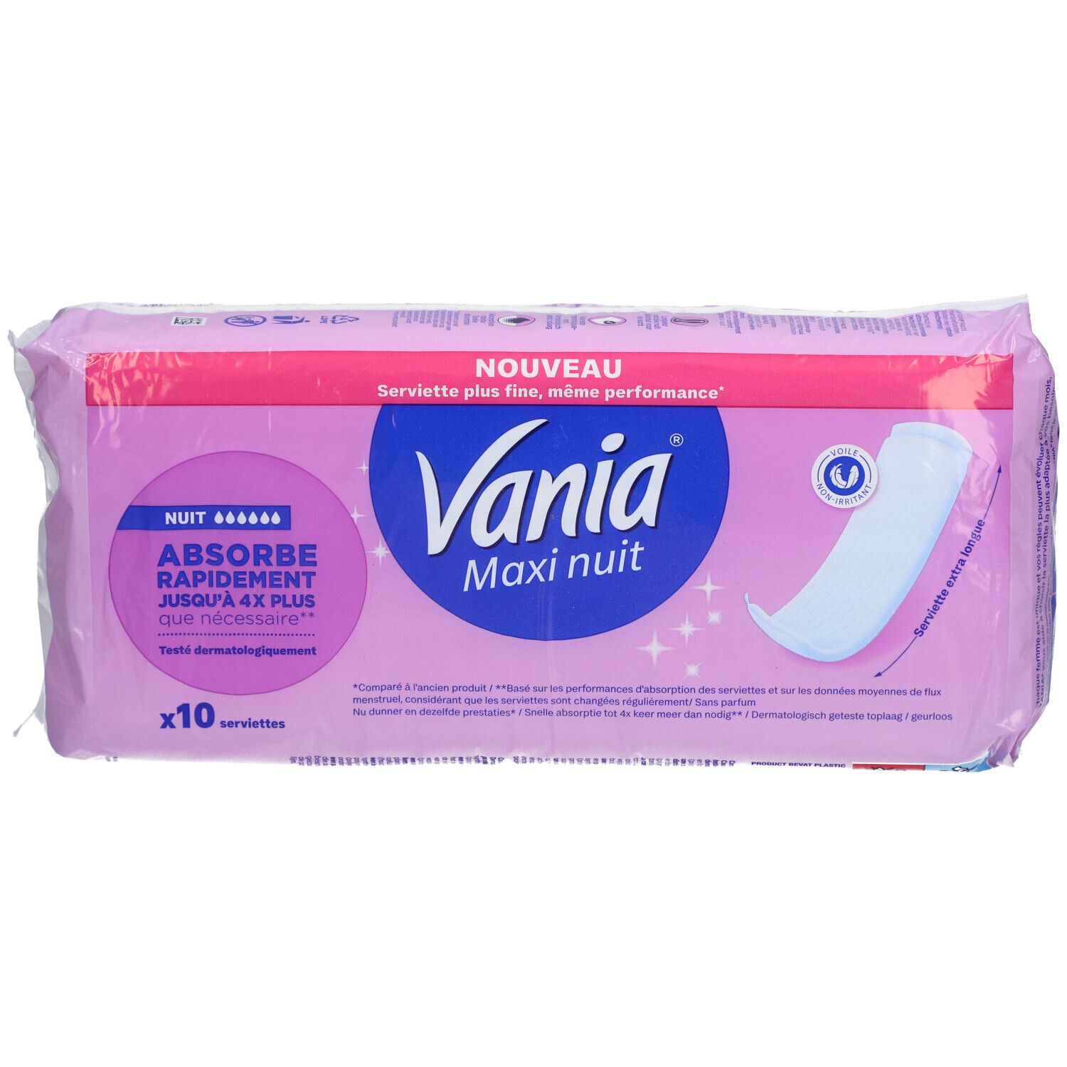 Verpakking maandverband. Roze en wit ontwerp met productnaam en logo. 'Maxi nuit' en 'x10 serviettes' zijn zichtbaar.