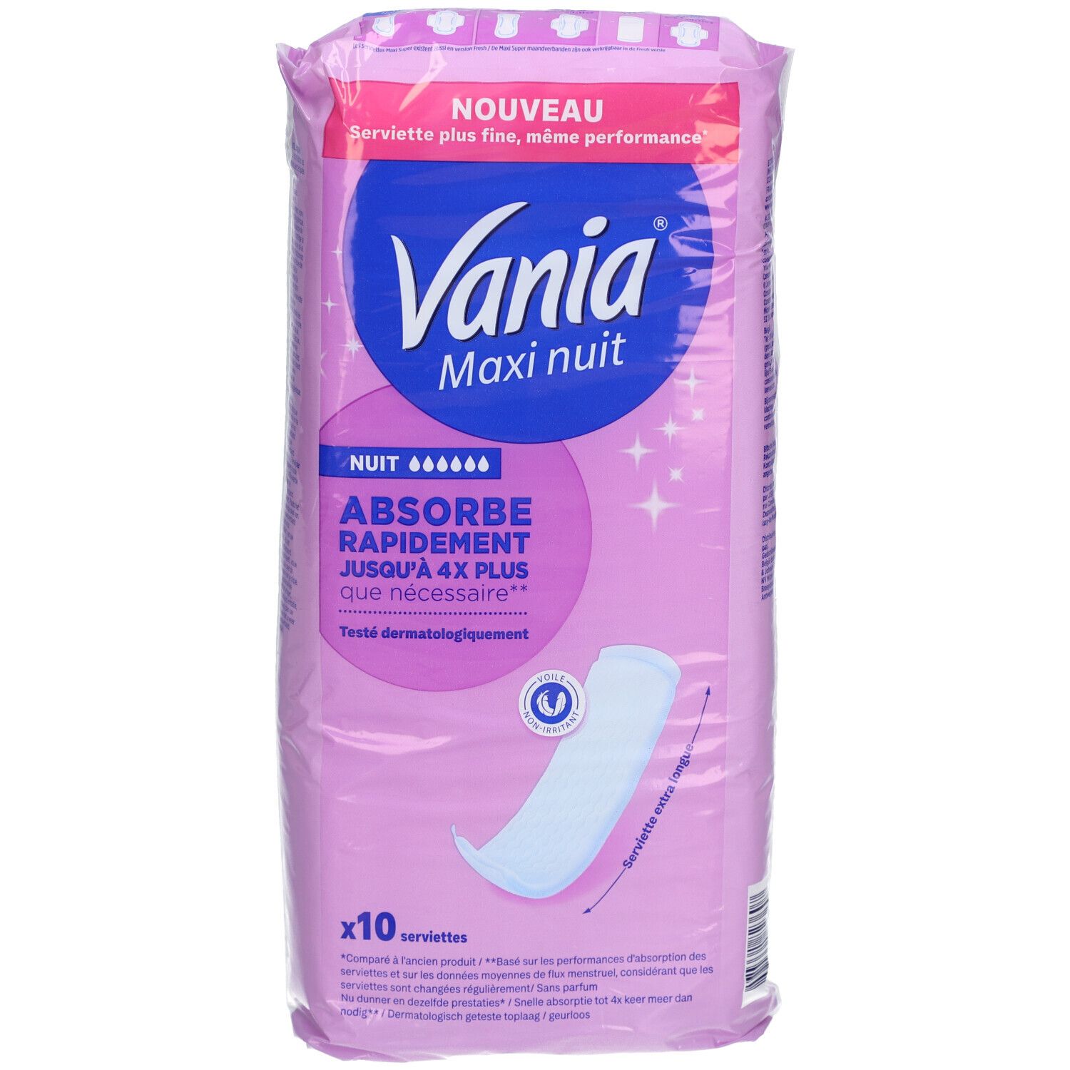 Verpakking maandverband. Roze en wit ontwerp met productnaam en logo. 'Maxi nuit' en 'x10 serviettes' zijn zichtbaar.