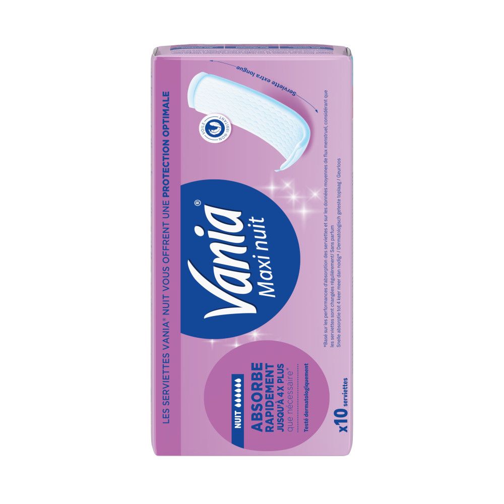 Verpakking van maandverband. Opschrift: Vania Maxi nuit, Nuit, Absorbeert snel tot 4x meer. 10 servetten.