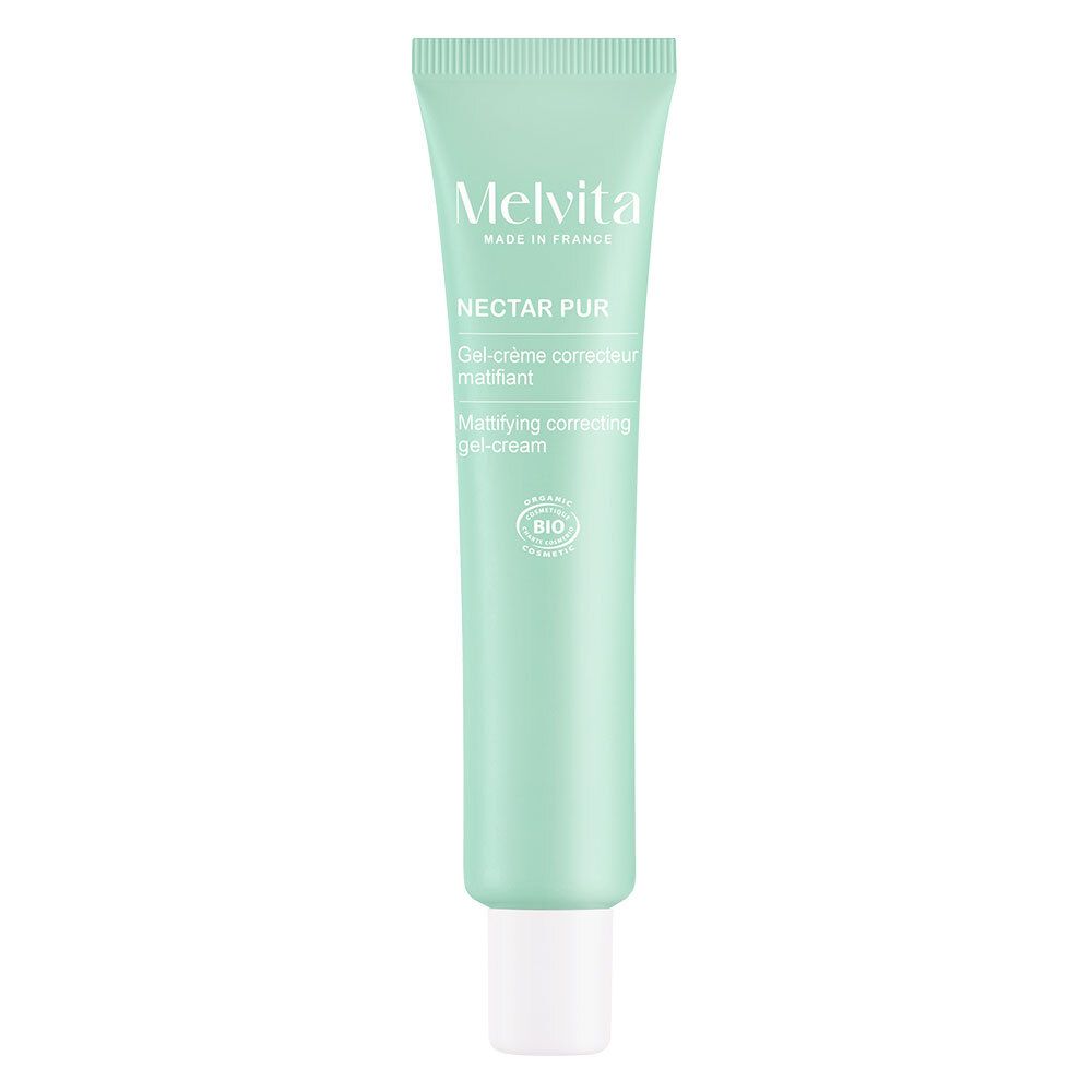 Lichtgroene tube met witte dop. Opschrift: MELVITA, NECTAR PUR, Gel-crème correcteur matifiant, bio-certificering.