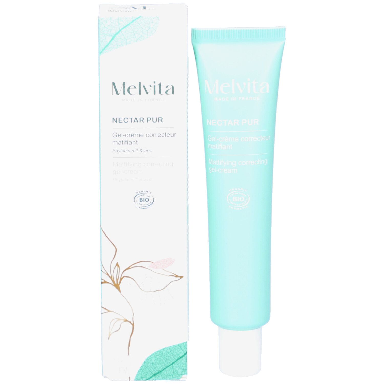 Lichtblauwe tube en doos. Opschrift: Melvita, Nectar Pur, Gel-Crème correcteur matifiant, BIO-certificering.