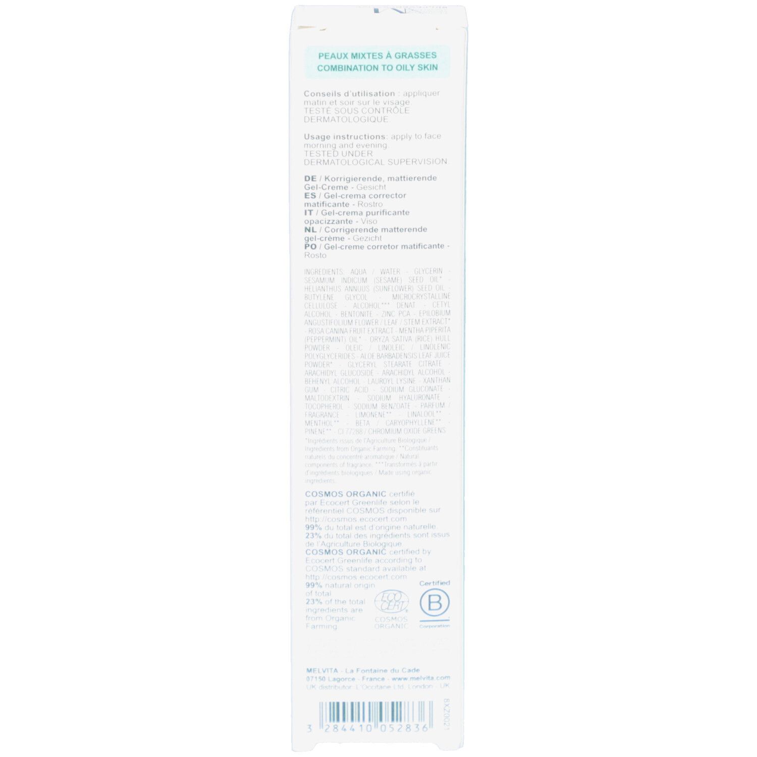 Doos met tekst. Opschrift: Peaux mixtes à grasses. Ingrediënten. BIO-certificering.