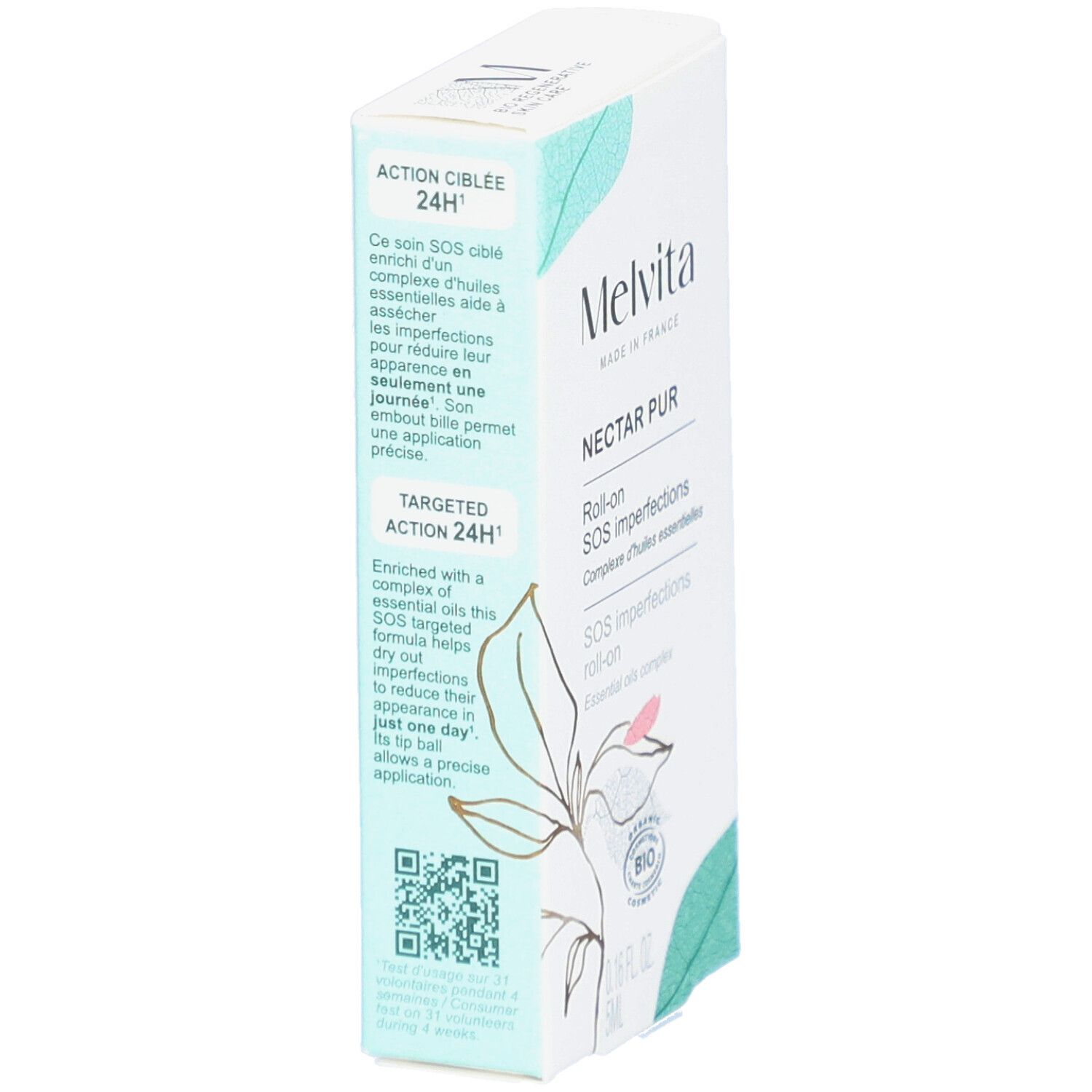 Witte doos met productnaam en tekst. QR-code en tekst over ingrediënten en gebruik.