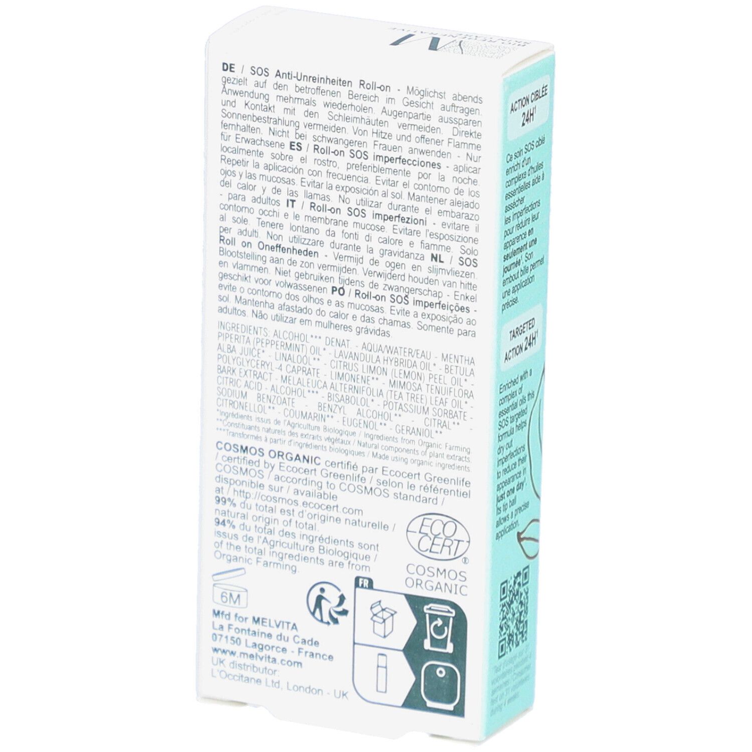 Achterkant van de doos met tekst in meerdere talen. Bevat informatie over ingrediënten en gebruik.