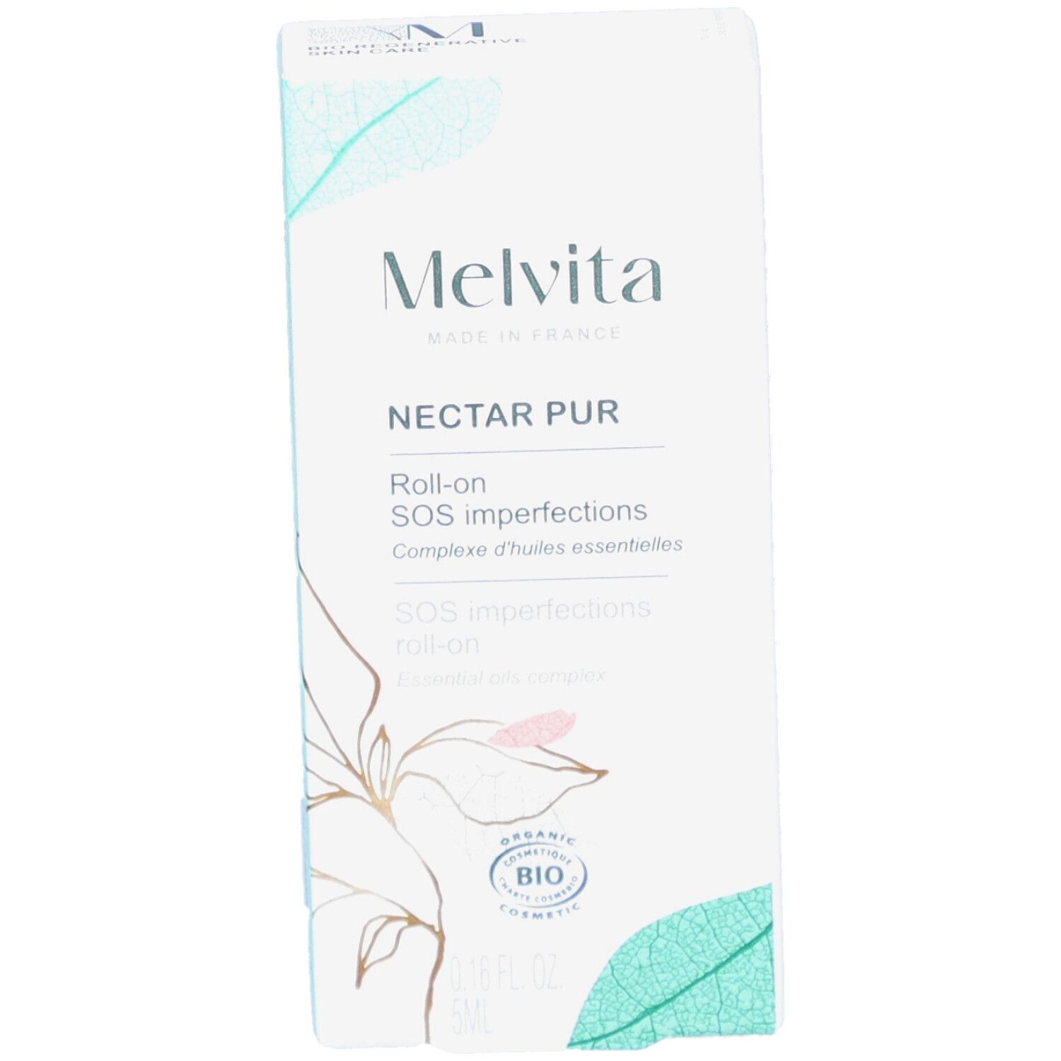 Witte doos met productnaam en logo. Bevat roll-on voor onzuiverheden. Bio-certificering.