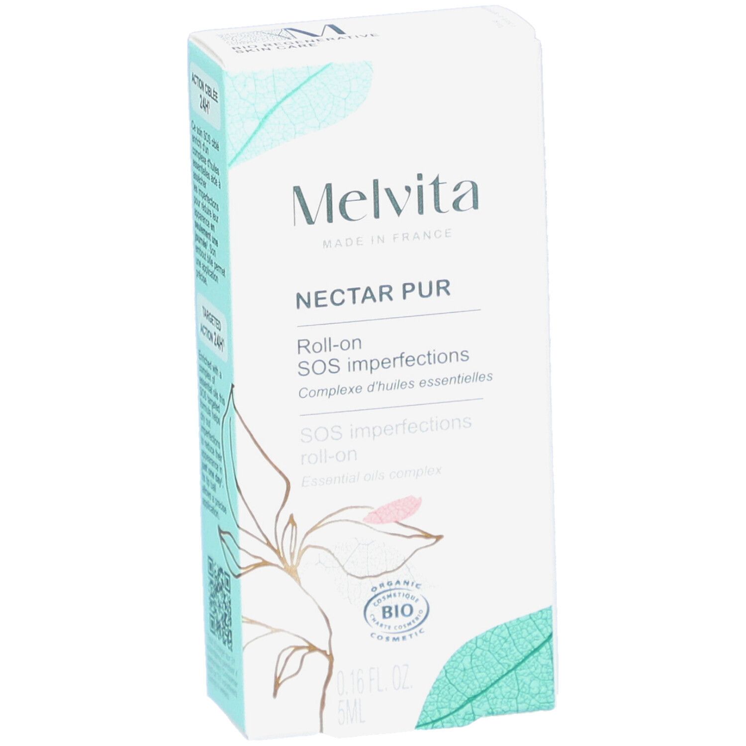 Witte doos met productnaam en logo. Bevat roll-on voor onzuiverheden. Bio-certificering.