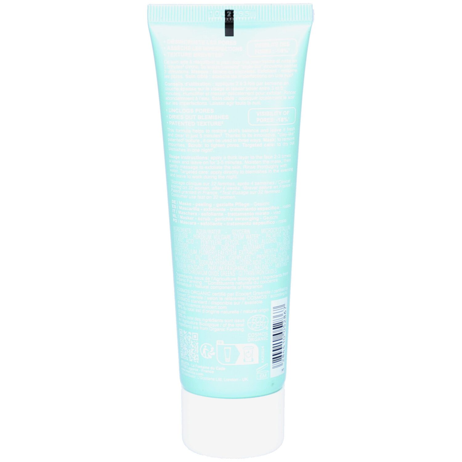 Dos du tube bleu clair. Texte. Code-barres. Bouchon blanc.