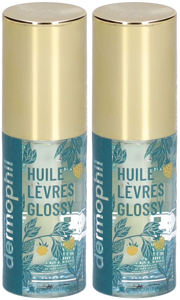 Deux flacons avec bouchons dorés. Inscription: Huile Lèvres Glossy. Marque: dermophil.