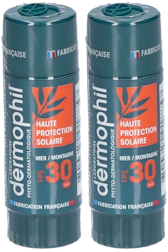 Deux sticks à lèvres verts avec texte blanc. Inscription: dermophil, Haute Protection Solaire SPF 30. Fabrication française.