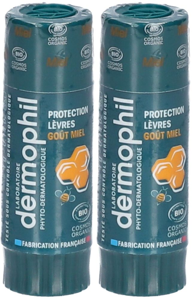 Twee lippenbalsemsticks. Merk: Dermophil. Smaak: Honing. Met bio-certificering. Franse fabricage. Afgebeeld: honingraat en bij.