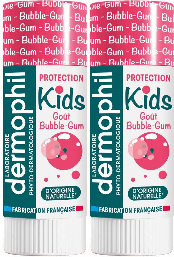 Twee lippenstiften. Opschrift: dermophil Kids, Bubble-Gum smaak. Franse fabricage, natuurlijke oorsprong.