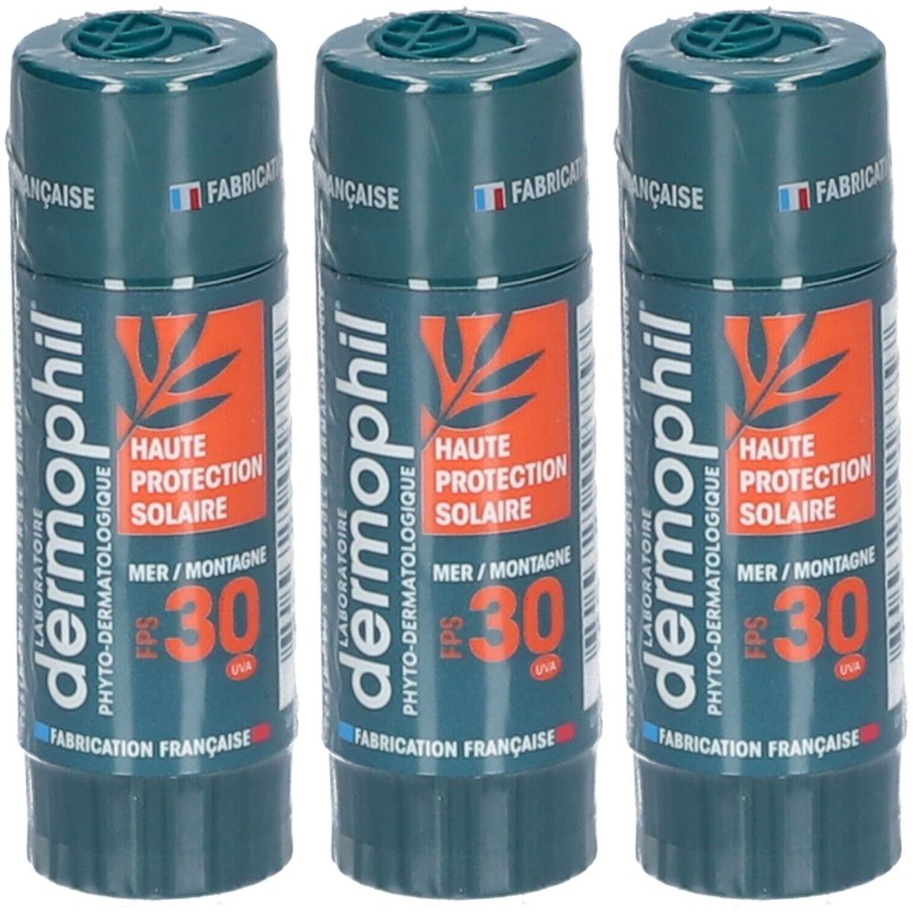 Trois sticks à lèvres cylindriques. Inscription: dermophil, Haute Protection Solaire SPF 30, Fabrication Française.
