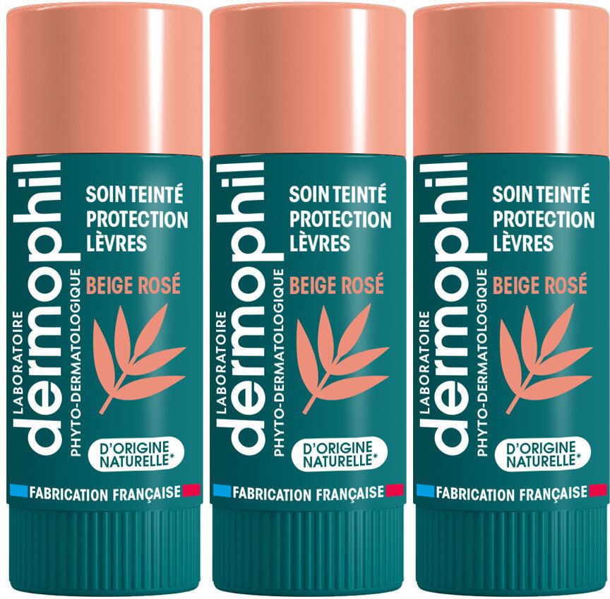 Drie lippenstiften met roze dop en groene huls. Opschrift: Dermophil, Soin Teinté Protection Lèvres, Beige Rosé.