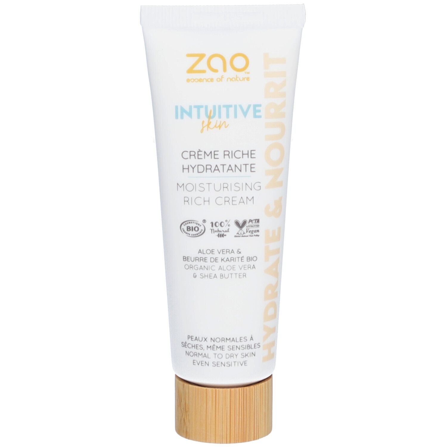 Tube de crème avec logo et nom du produit. Texte: Crème Riche Hydratante, Moisturising Rich Cream. Certification bio.