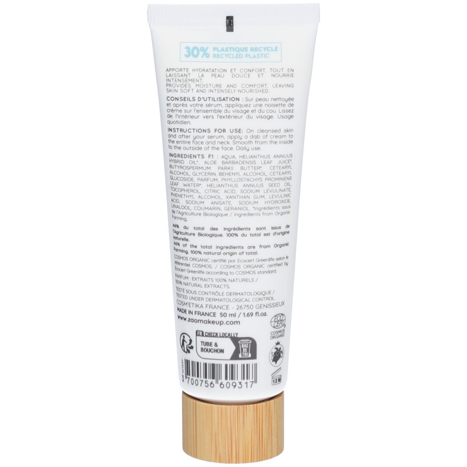 Dos du tube de crème. Texte: ingrédients, mode d'emploi, certification bio, 30% de plastique recyclé.