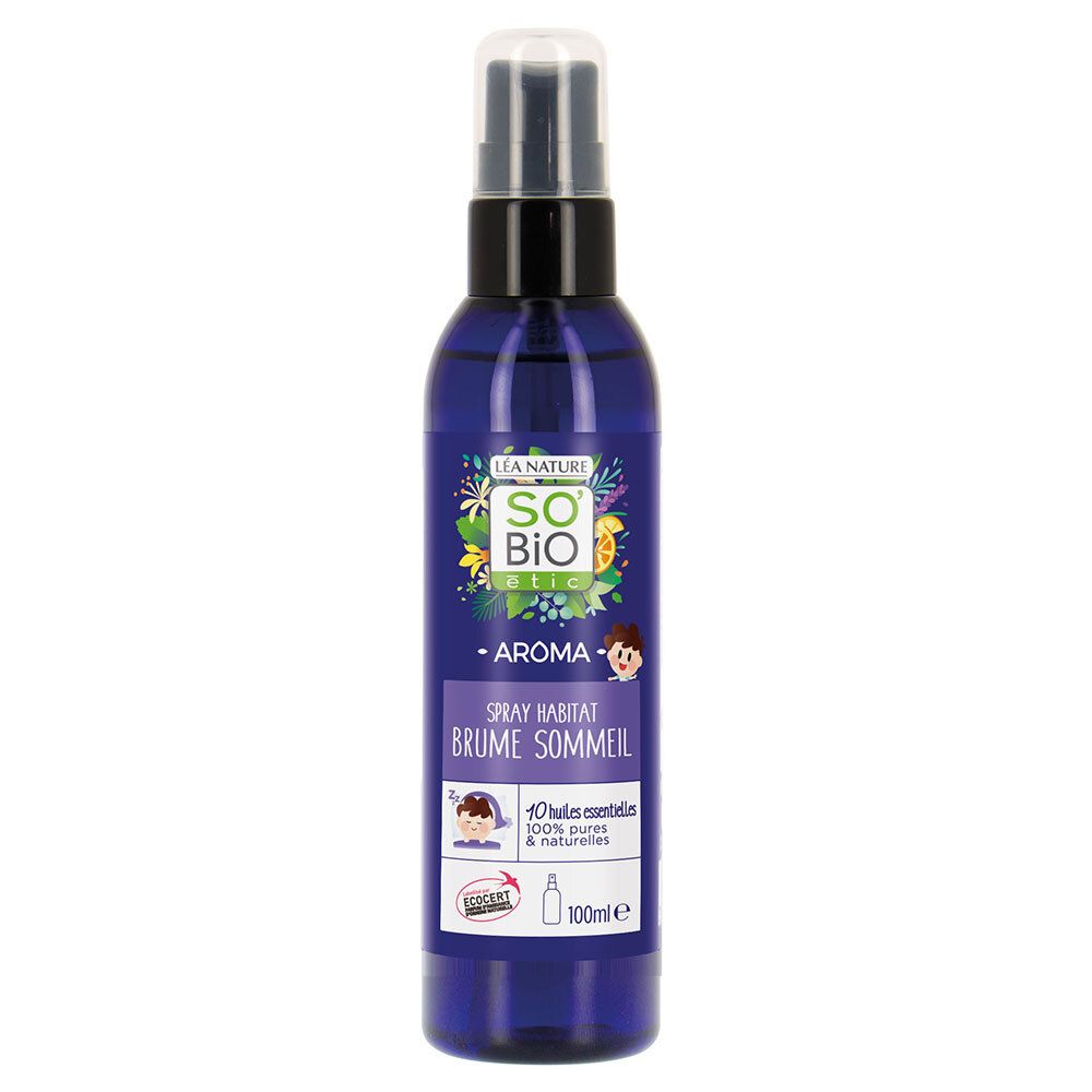 Flacon pulvérisateur bleu avec bouchon noir. Inscription: SO BIO ETIC, Aroma, Spray Habitat Brume Sommeil. 100ml.