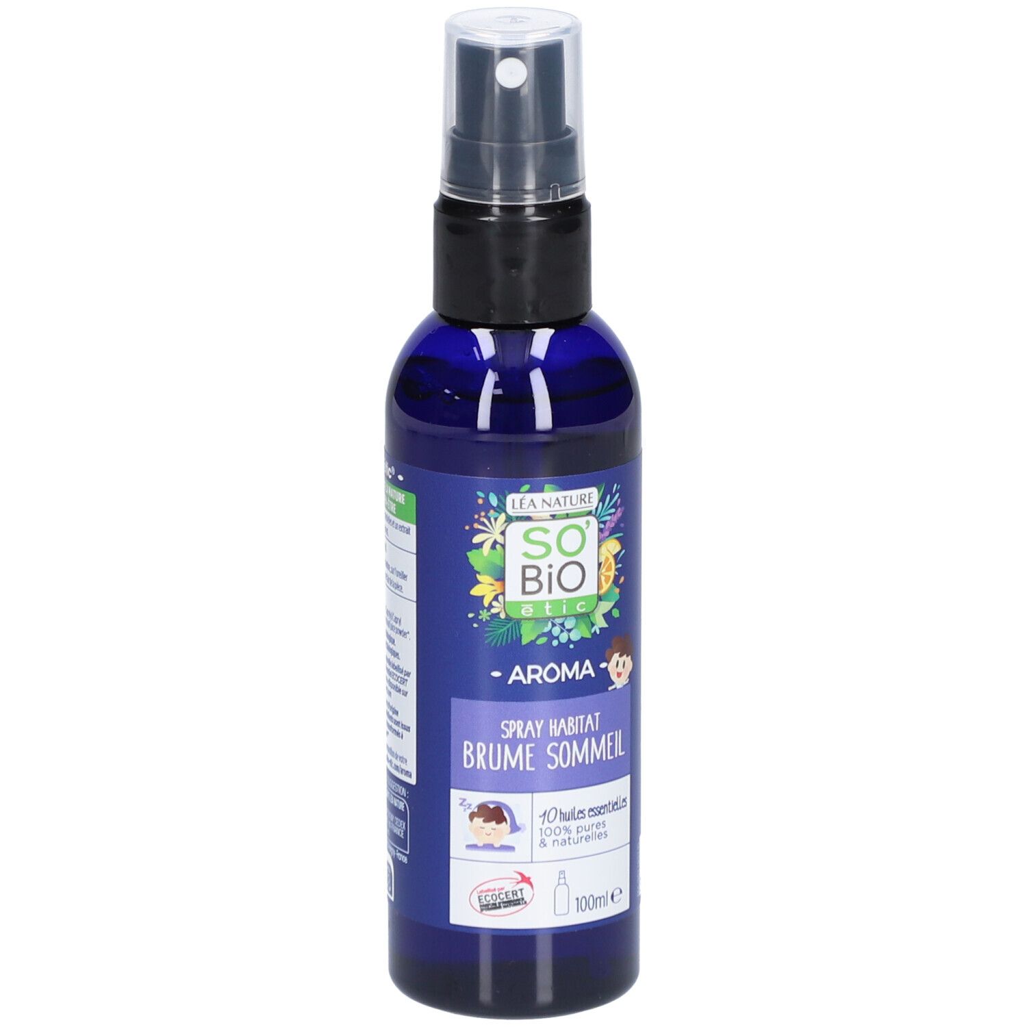 Flacon spray bleu avec bouchon blanc. Inscription: SO BIO ETIC, Spray Habitat Brume Sommeil. Contenance 100ml.