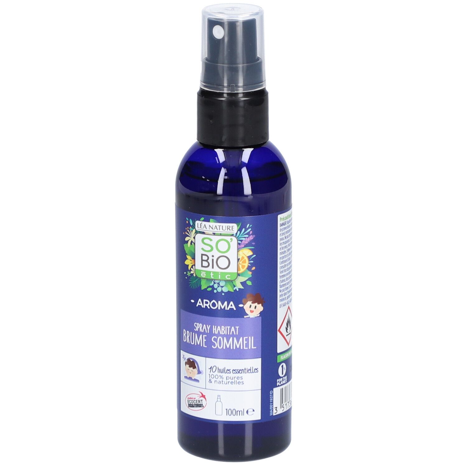 Flacon spray bleu avec bouchon blanc. Inscription: SO BIO ETIC, Spray Habitat Brume Sommeil. Contenance 100ml.